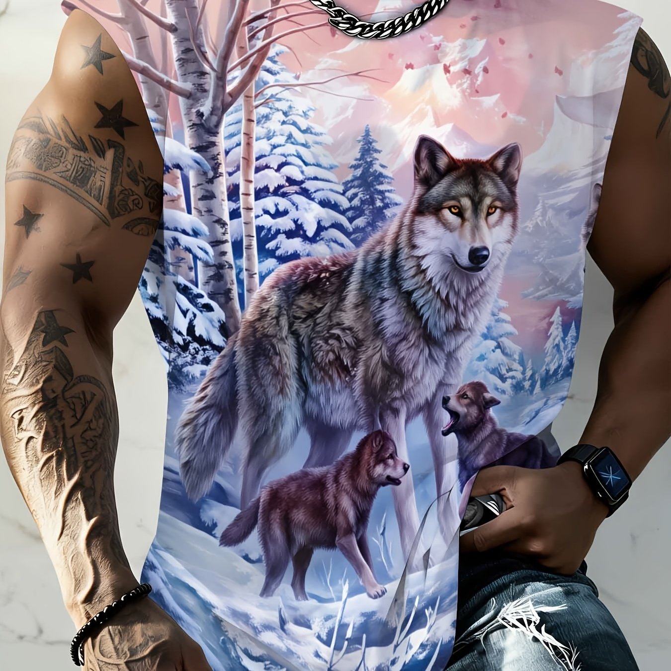 TEMU Men's Timber Wolf Graphic Sleeveless T-shirt & Vest - Summer Outdoor Wear With Wolf Print, Plus Size Casual Athletic Shirt Suitable For, Gym,