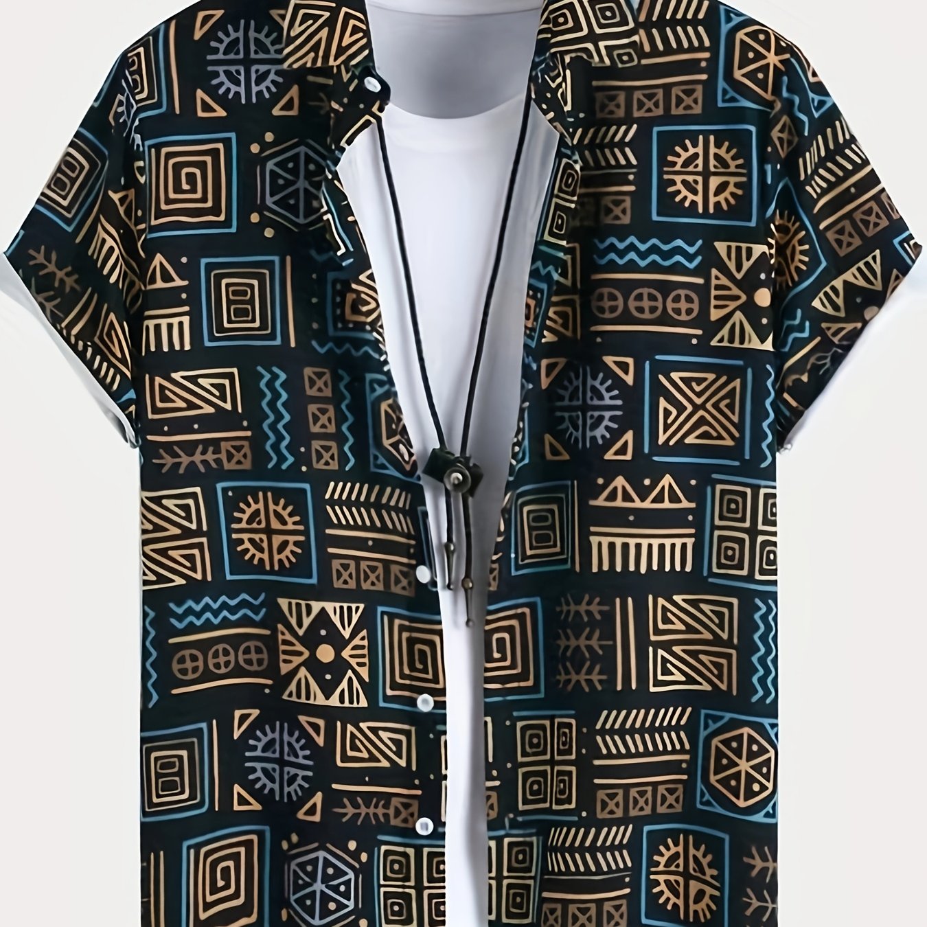 Men's Vintage Tribal Ethnic Graffiti Print Short Sleeve Button- Shirt