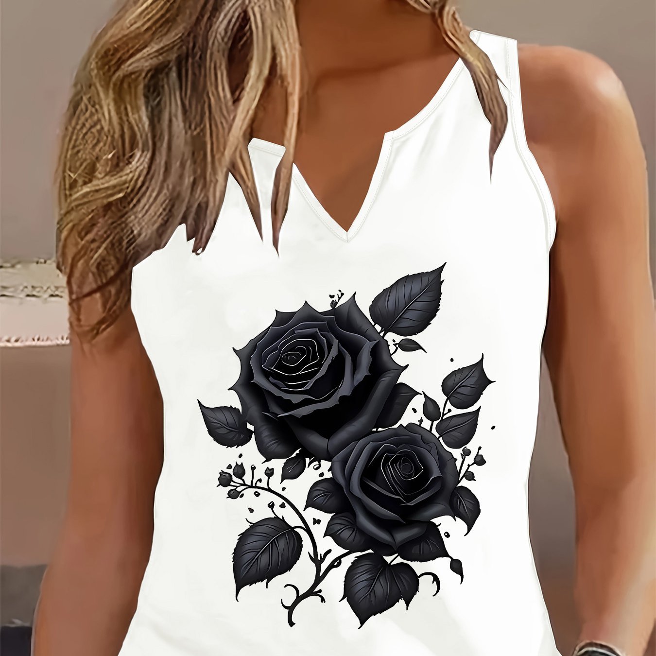 TEMU Fashionable Women's Tank Top With A Printed V-neck Design, Perfect For A Cool And Versatile Spring And Summer Wardrobe