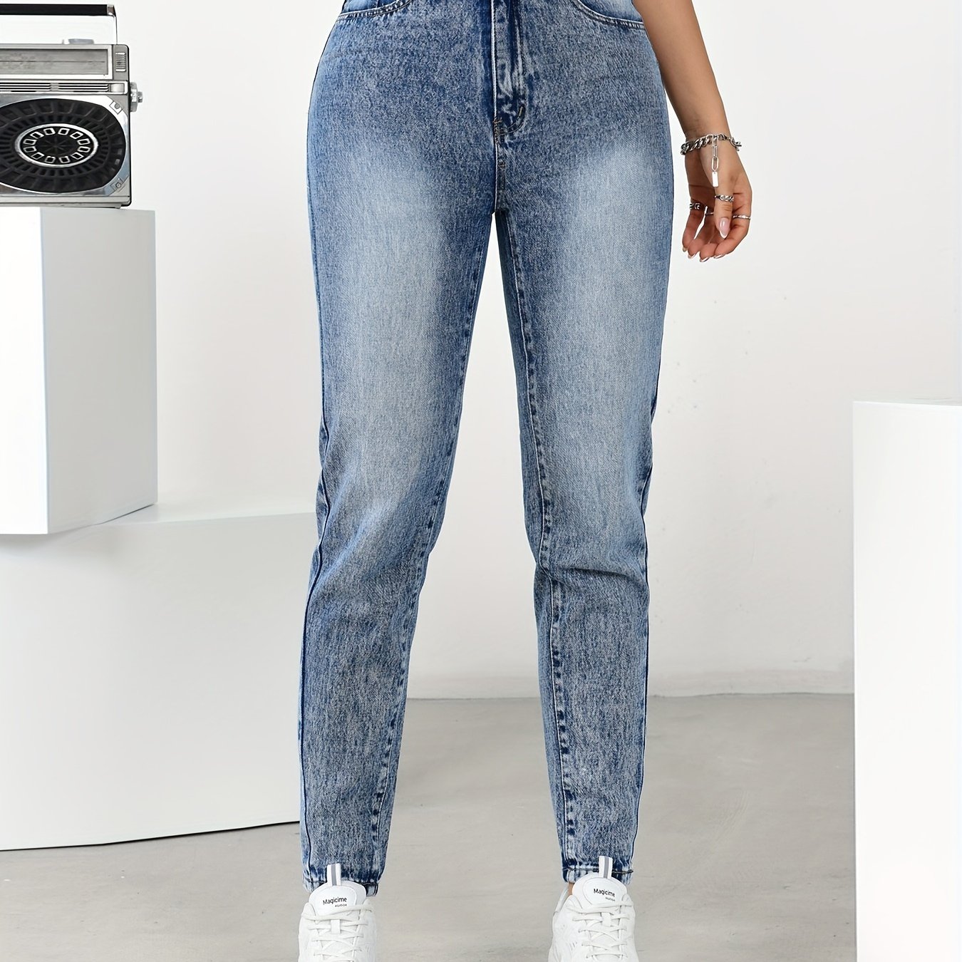 Loose Fit Versatile Mom Jeans, Slant Pockets Non-Stretch Casual Tapered  Jeans, Women's Denim Jeans & Clothing