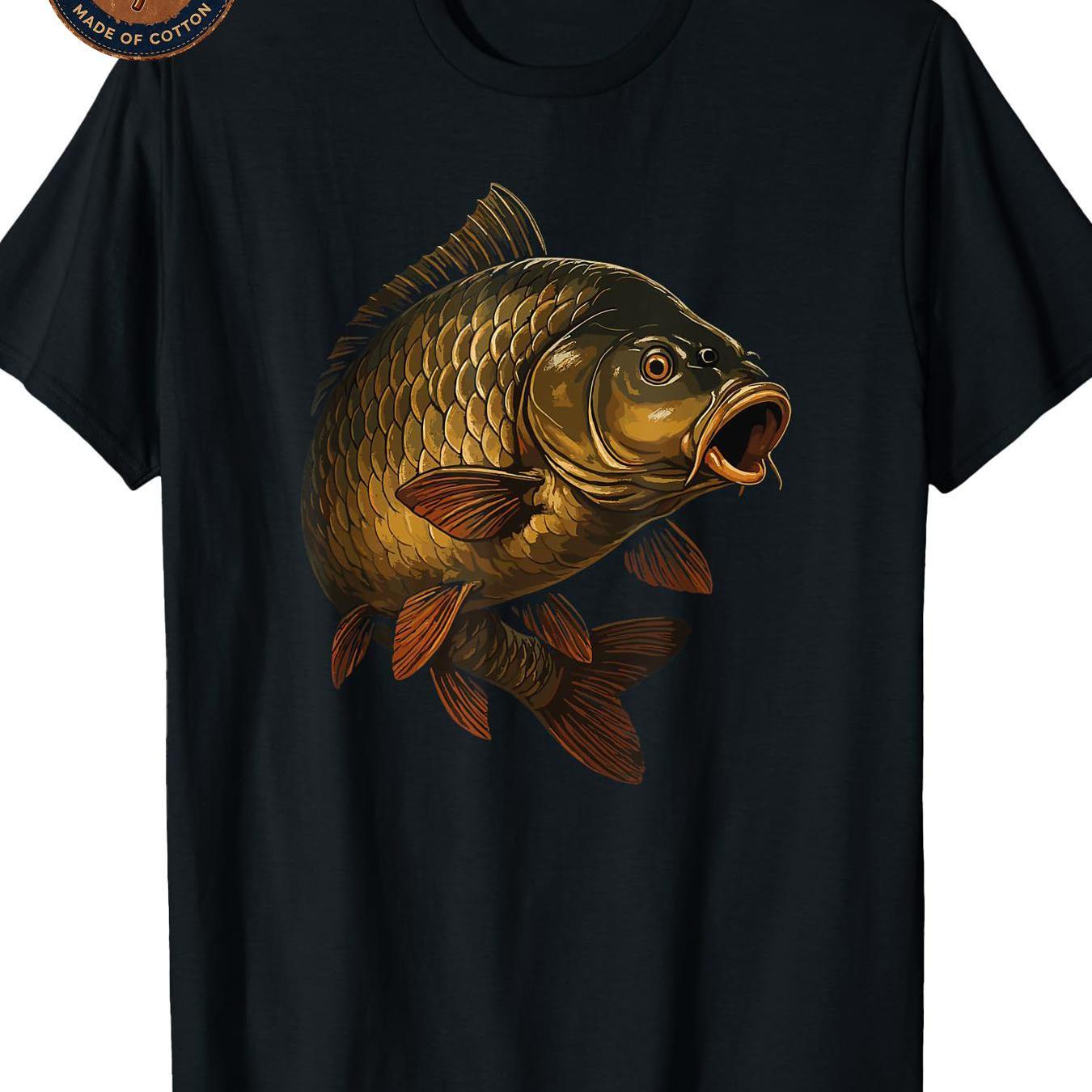 Image of Men's & Unisex Cotton T-shirt With Big Carp Fish Graphic - Casual Streetwear Round Neck Short Sleeve Top, Breathable Suitable For Fishing Lovers, School Uniforms, Daily Wear, Machine Washable Gift For