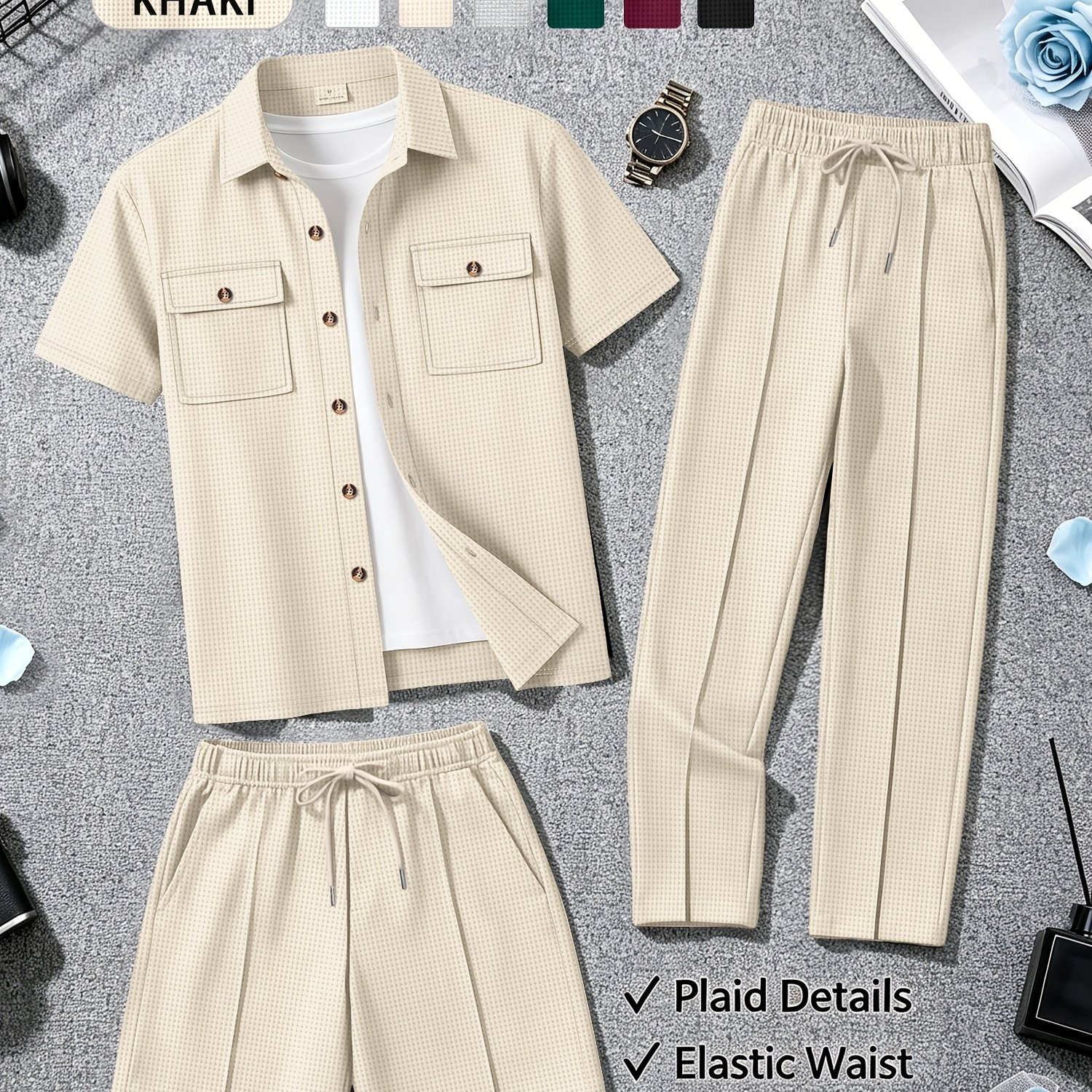 TEMU Herren 3-teiliges Outfit-Set aus Waffelstrick, Kurzarm-Knopfhemd mit Shorts mit elastischem Bund langer Hose, Freizeit-Trainingsanzug