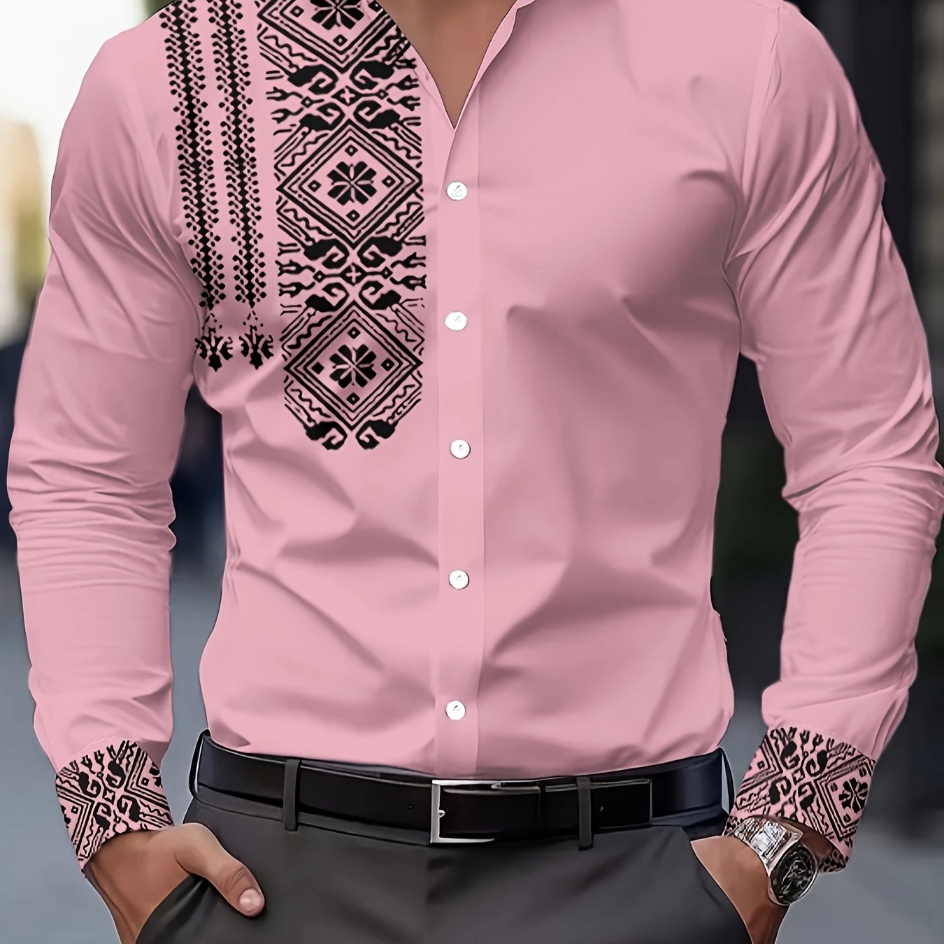 TEMU Chemise Décontractée Homme pour Noël - Polyester Respirant, Manches Longues à Boutons avec Imprimé Floral Élégant, Idéale pour /Automne