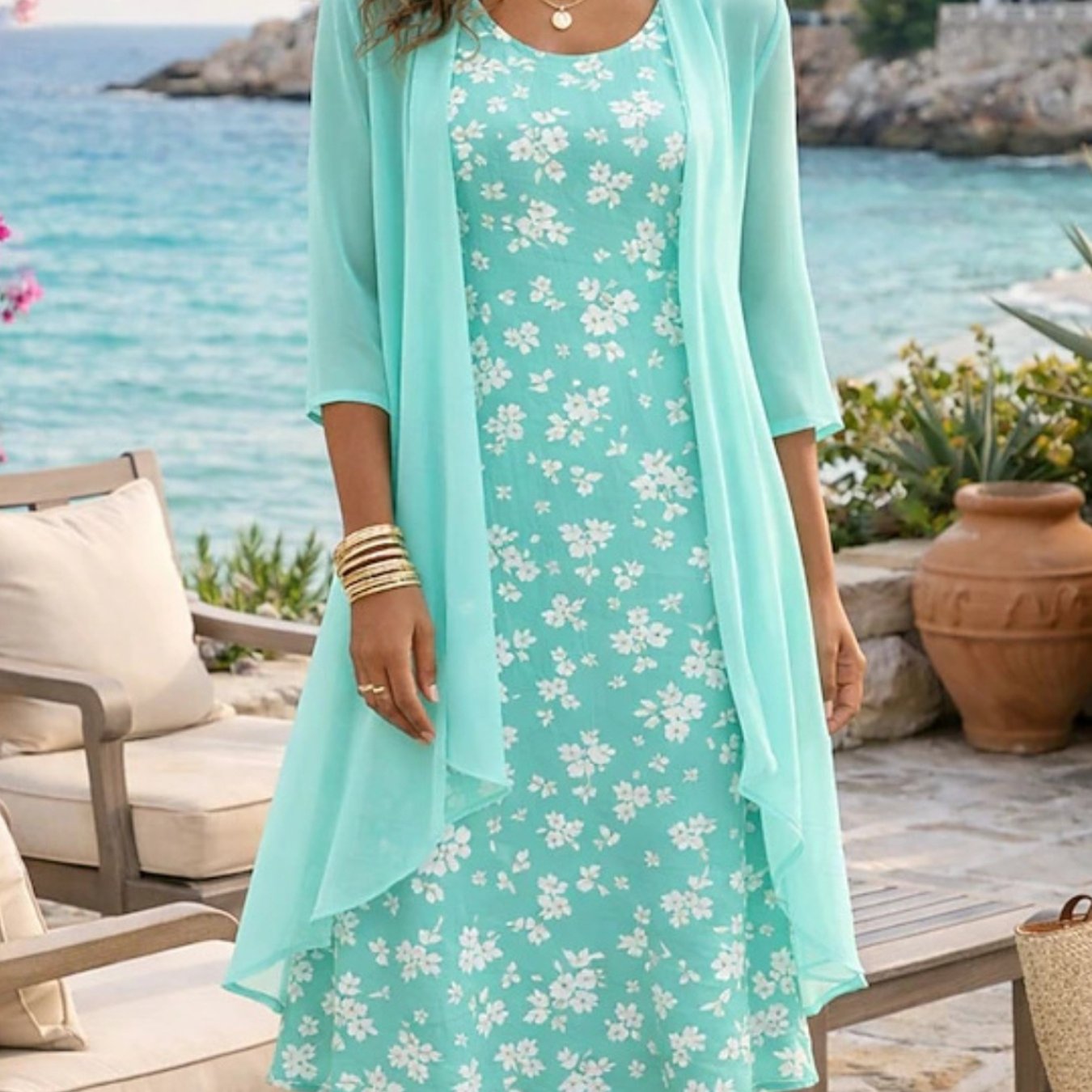 TEMU Women's Fashionable Elegant 2pcs Chiffon Dress Set Sophisticated Design With Matching Top And Skirt Feminine Chic Casual Daytime To Evening Wear