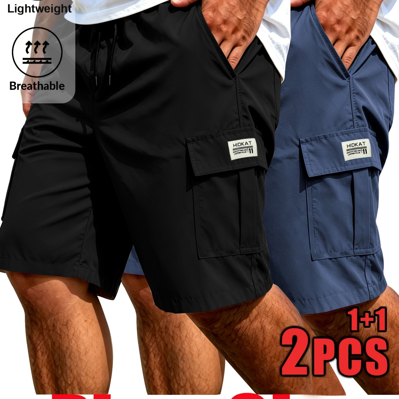 TEMU 2pcs Plus Size Men's Cargo Shorts With Elastic Waist, Drawstring, Multiple Pockets, Letter Patches, Flap Pockets, Knee-length Pants For Outdoor