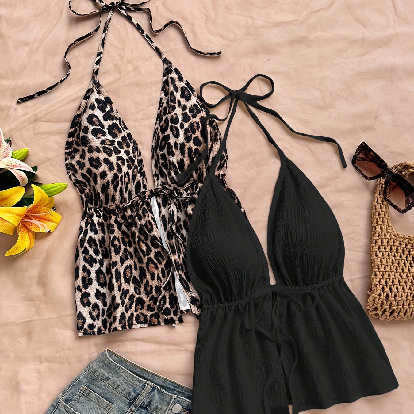 TEMU Elegant Fashion Spring Summer Women's Leopard Print Strip Halter Tank Top Waist-cinching All-match Beach Vacation Pool Party T-shirt 2pcs Set