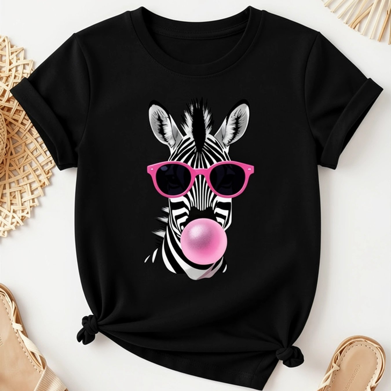 Plus Size, Plus Size Women's Zebra Cartoon Pattern Top Elegant Loose And Fitting Soft Stretchy Machine Washable Round Neck Short Sleeve