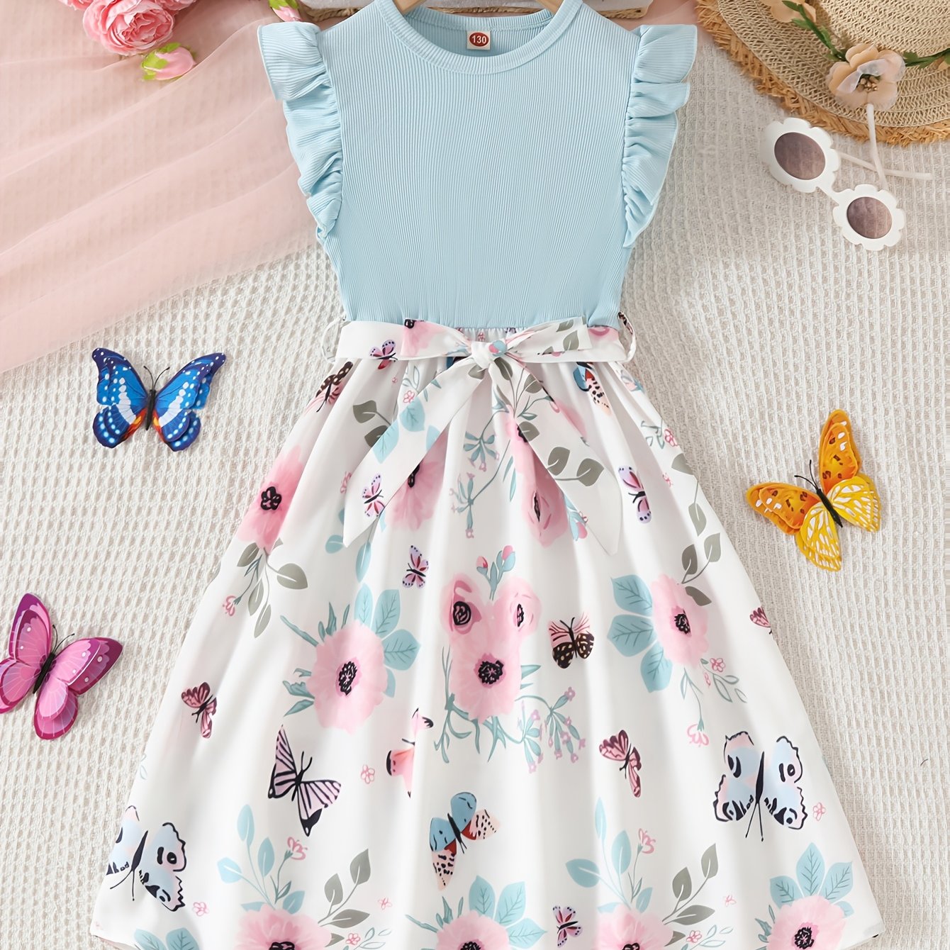 Image of Girls Summer Garden Print Dress Ruffle Flutter Sleeve Bow Belt Casual Floral Dress For Kids