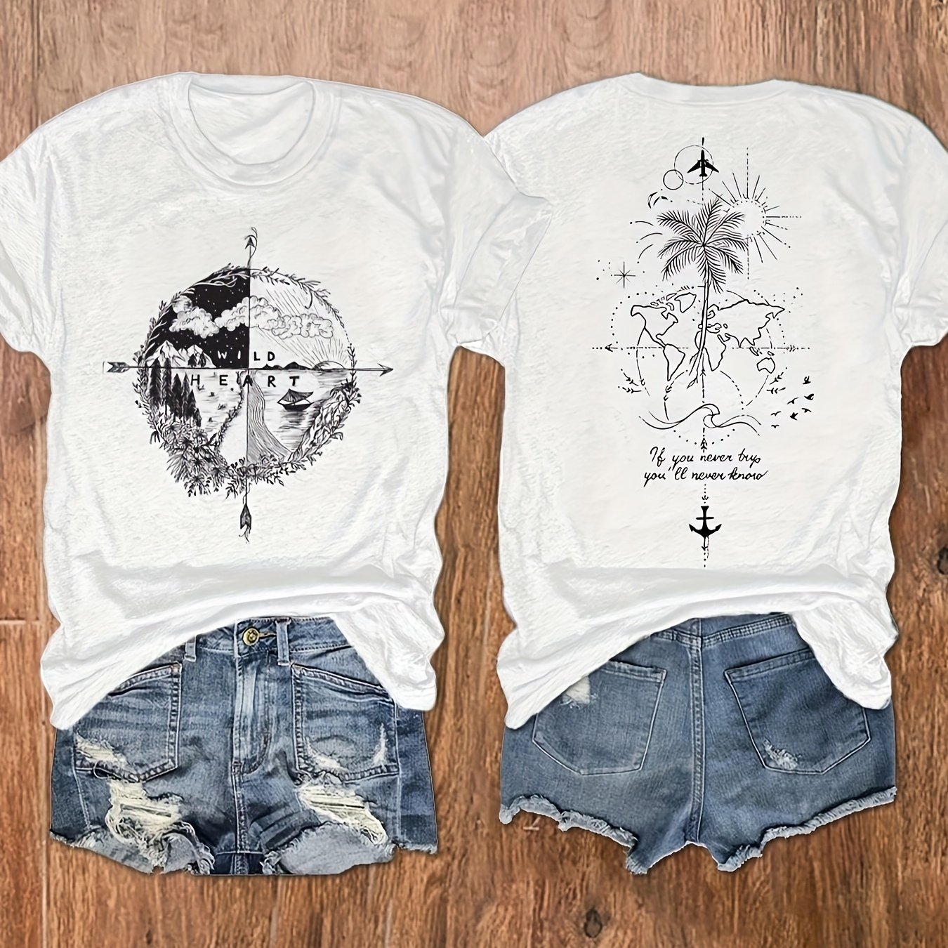 E-shop Bedrucktes Rundhals-T-Shirt, lässiges Urlaubs-Damen-Top mit kurzen Ärmeln, Damenbekleidung