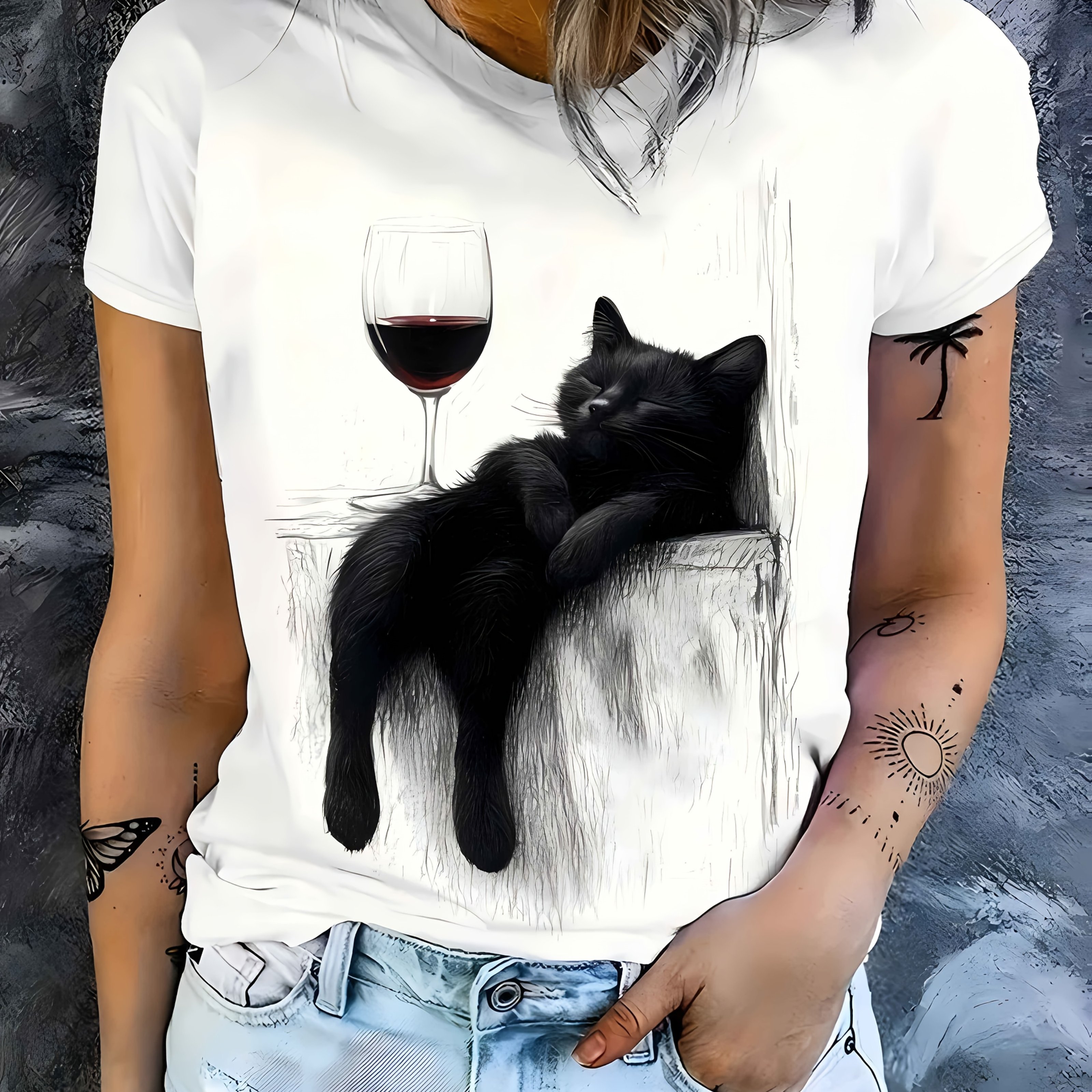 E-shop Skizzenkunst-Katze Burgunderweinglas, künstlerisches minimalistisches Damen-T-Shirt für den täglichen Arbeitsweg, Rundhals-Kurzarm-T-Shirt,