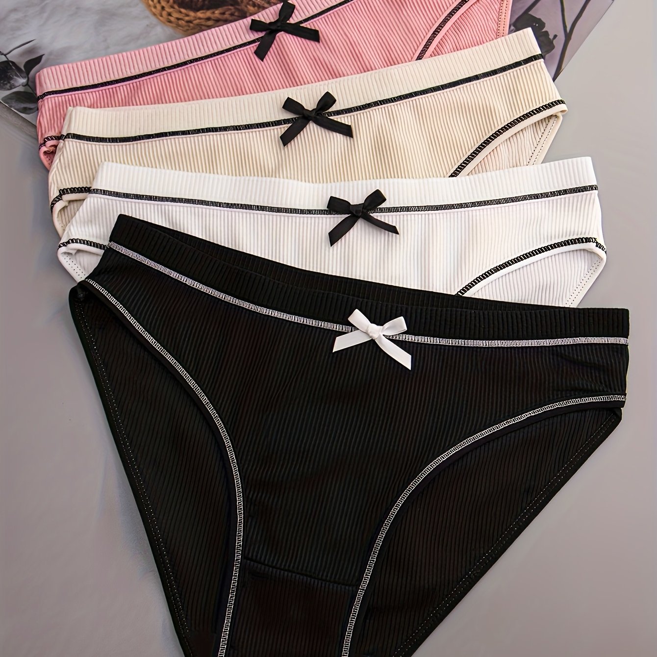 TEMU 4pcs Women's Multicolor Ribbed Cute Bow Athletic Style Loose Comfortable Women' Panties