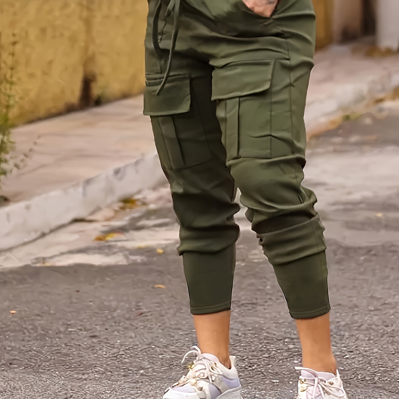 Flmtop Casual Women Solid Color Skinny Cargo Pants Pockets Drawstring  Joggers Trousers 