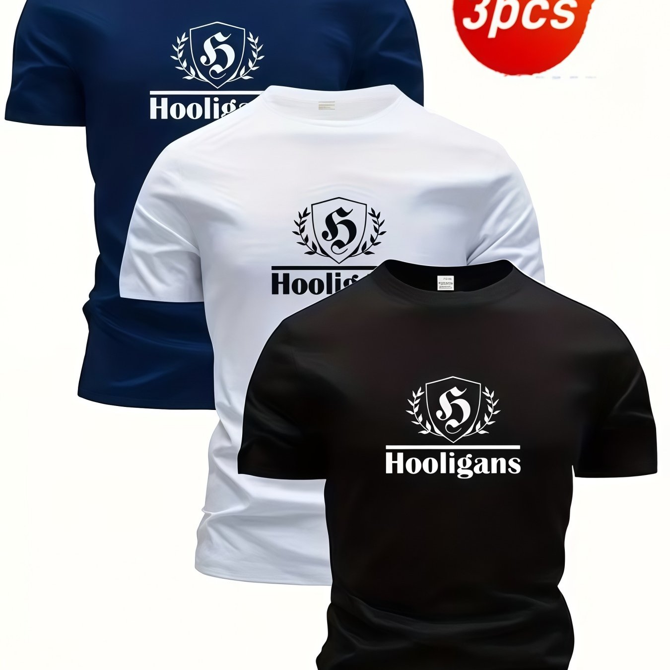 E-shop 3er-Pack Herren Grafik T-Shirts - Marineblau, Schwarz, Hellblau Lässige Sommer Oberteile mit Auffälligen Weißen Prints, Rundhalsausschnitt,