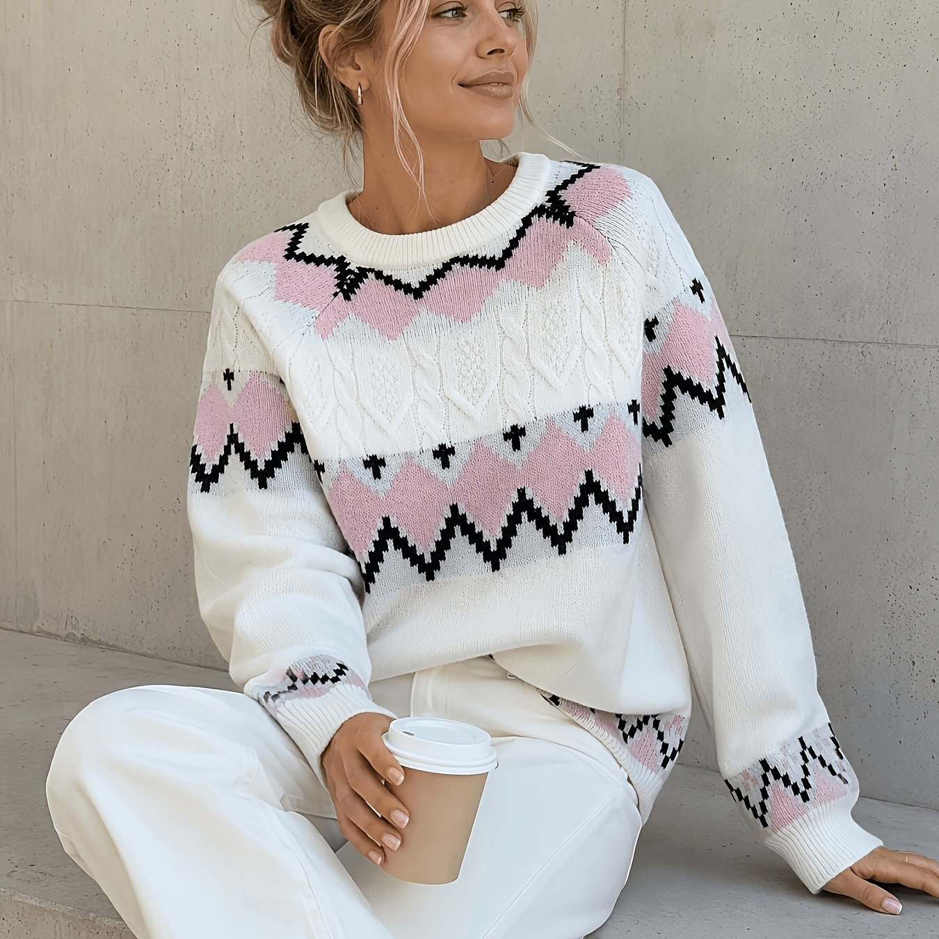TEMU Pull Femme Automne Hiver Décontracté Color-Block Island, Pull Élégant et Ample