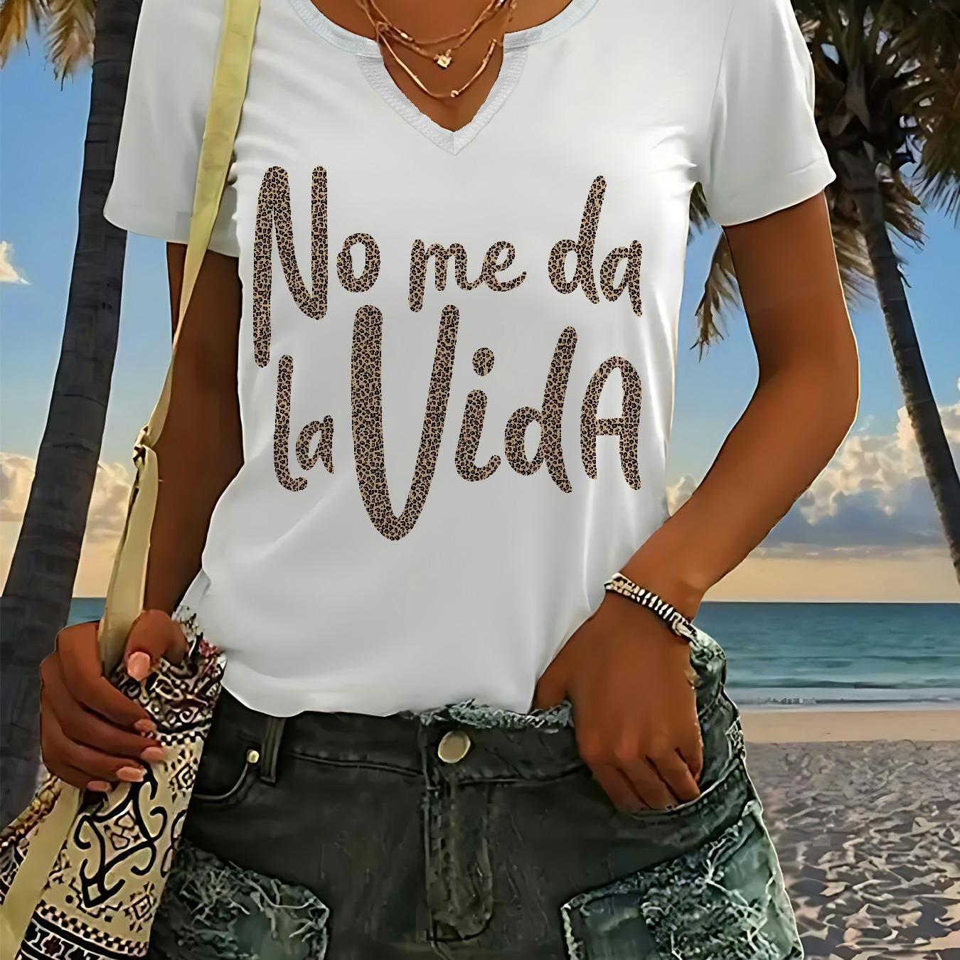TEMU LY26021123 Camiseta de Mujer con Estampado de Leopardo y Texto " Da ", Cuello en V, Manga Corta, Camiseta , para , Verano y Otoño - Ropa de Moda