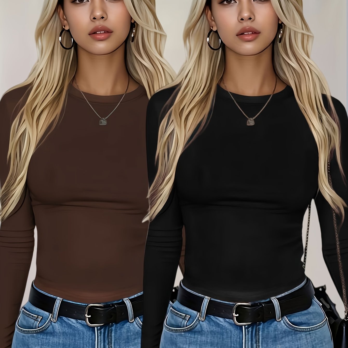 TEMU Ensemble de 2 T-shirts élégants pour femmes, coupe slim, manches longues et - T-shirt décontracté, style polyvalent et tendance, col rond , haut