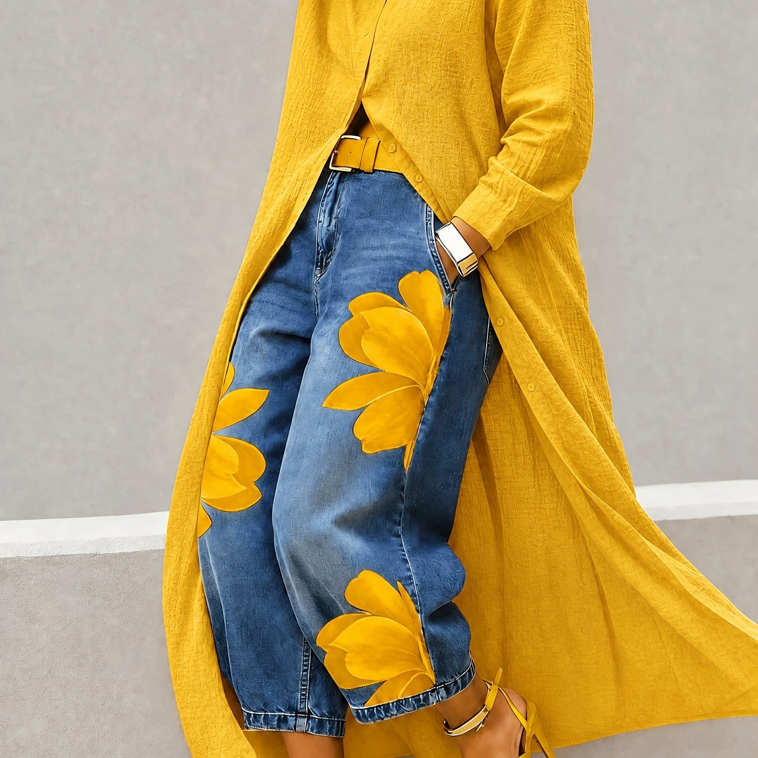 TEMU Solid Color Long Shirt For Women, Yellow Loose-fit Lapel Long-sleeve Cardigan Jacket, Suitable For , Casual Versatile Top