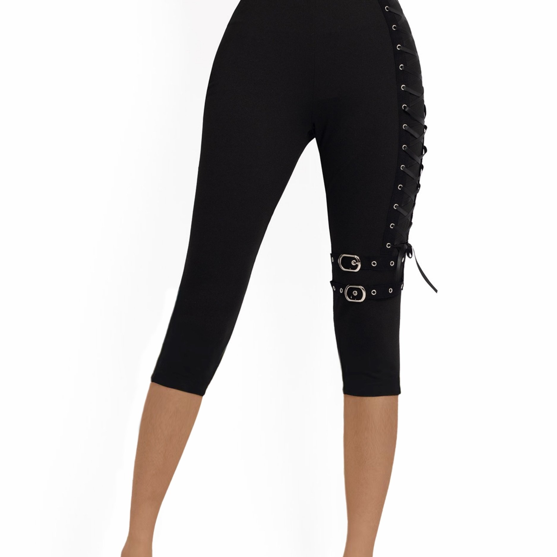 E-shop Damen Gothic Capri Shorts mit Metallverschluss & - Halbtransparente, eng anliegende Shorts, Gürtel-Capri-Länge für Frühling, Sommer, Herbst,