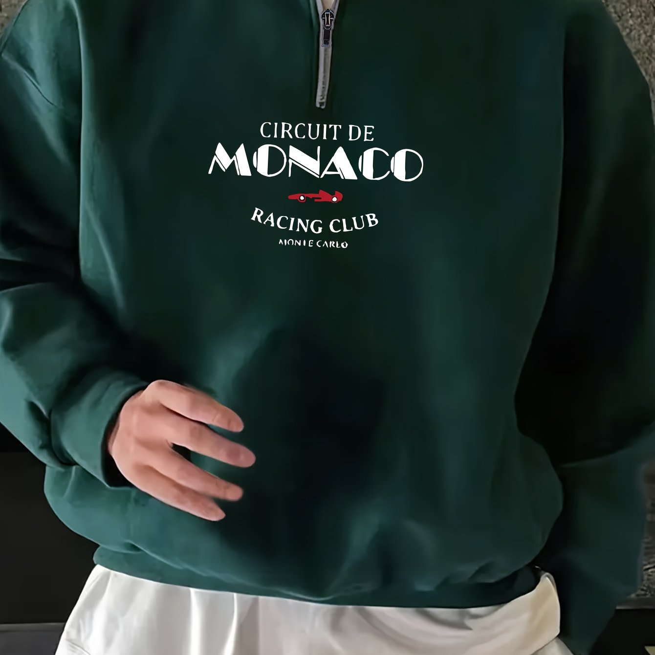 E-shop Herren Fleece Sweatshirt in Standardgröße F, MONACO Flockstoff mit englischem Musterdruck, Halb-Reißverschluss Pullover, lässiges, bequemes