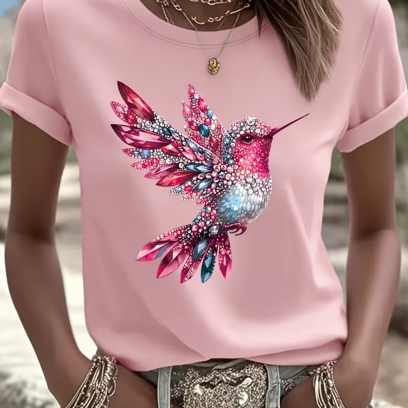 TEMU Plus Size Graphic Print T-shirt, Short Sleeve Crew Neck Casual Top For Summer & Spring, Women's Plus Size Clothing