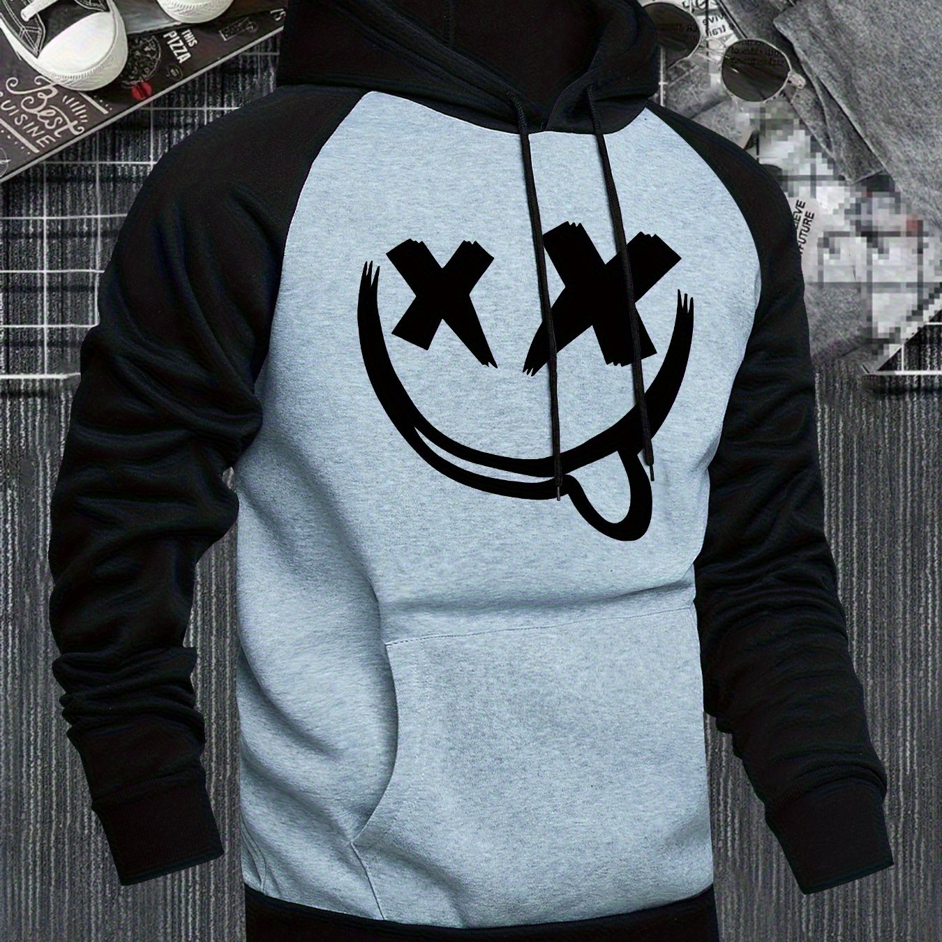 TEMU Men's Hooded Sweatshirt With Face Print, Casual And Versatile Fashion, Color Block Hooded Sweatshirt, Raglan Sleeve Stylish Sweatshirt