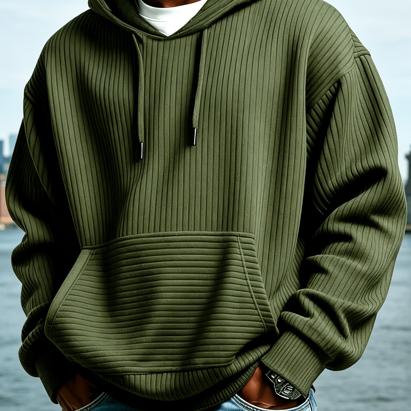 TEMU New European/ Corduroy Vertical Stripe Drawstring Hooded Sweatshirt For Men, Loose Fit With Kangaroo Pocket For Daily Casual Wear