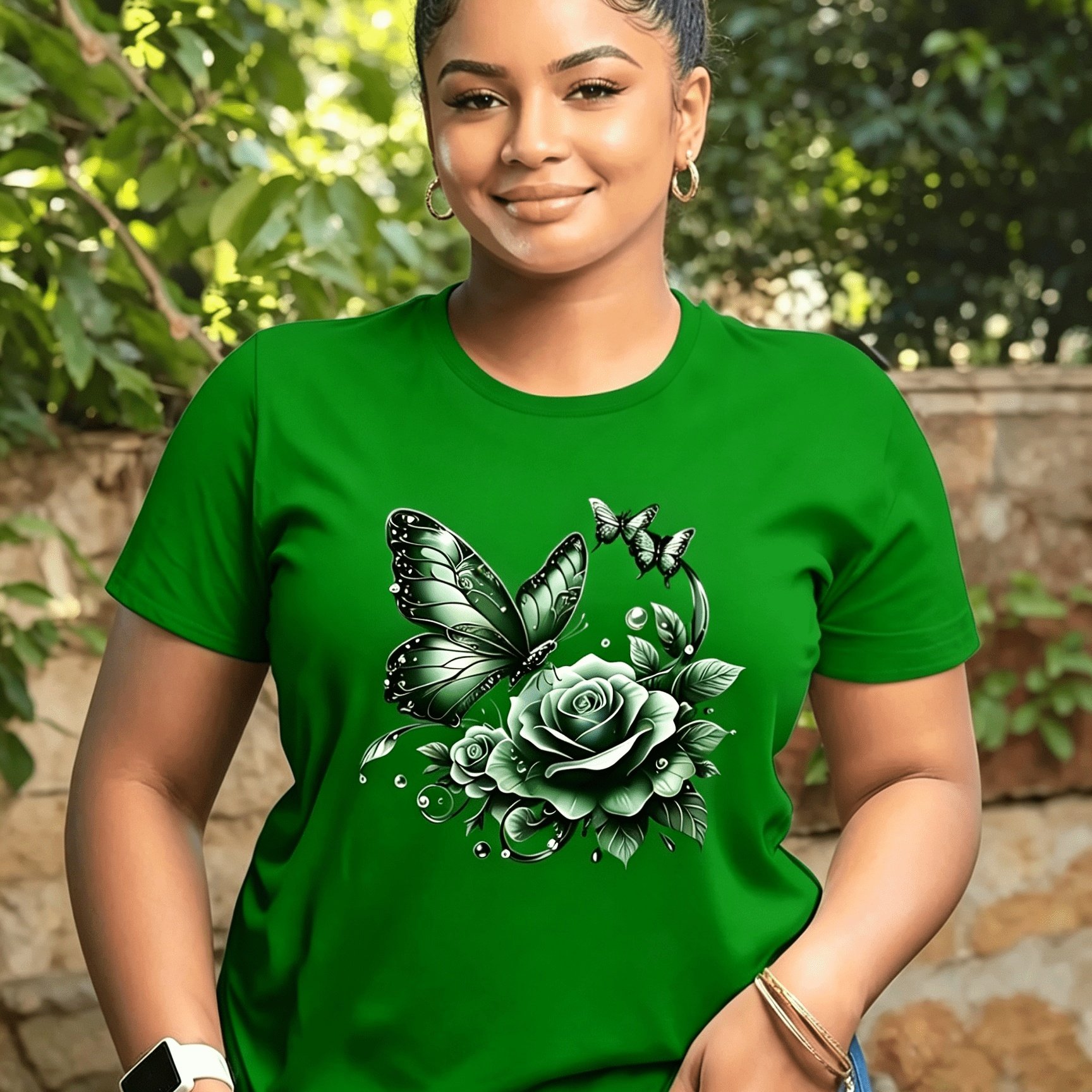 TEMU Plus Size, Flat Print Jade Green Rose Short-sleeve T-shirt, -friendly Crew Neck Top, Light Luxury Exquisite , Vintage Gentle Style For Daily