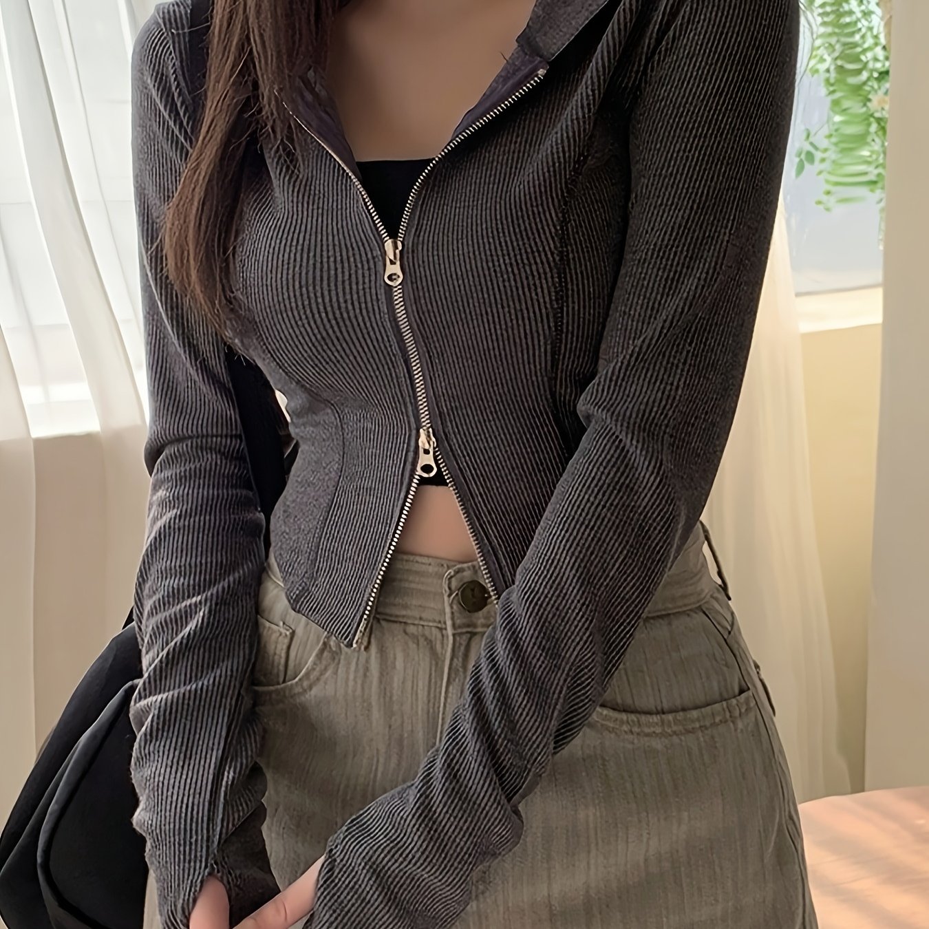 TEMU Women' Color Elegant Slim-fit Lightweight Short Double-zipper Hooded Casual Jacket