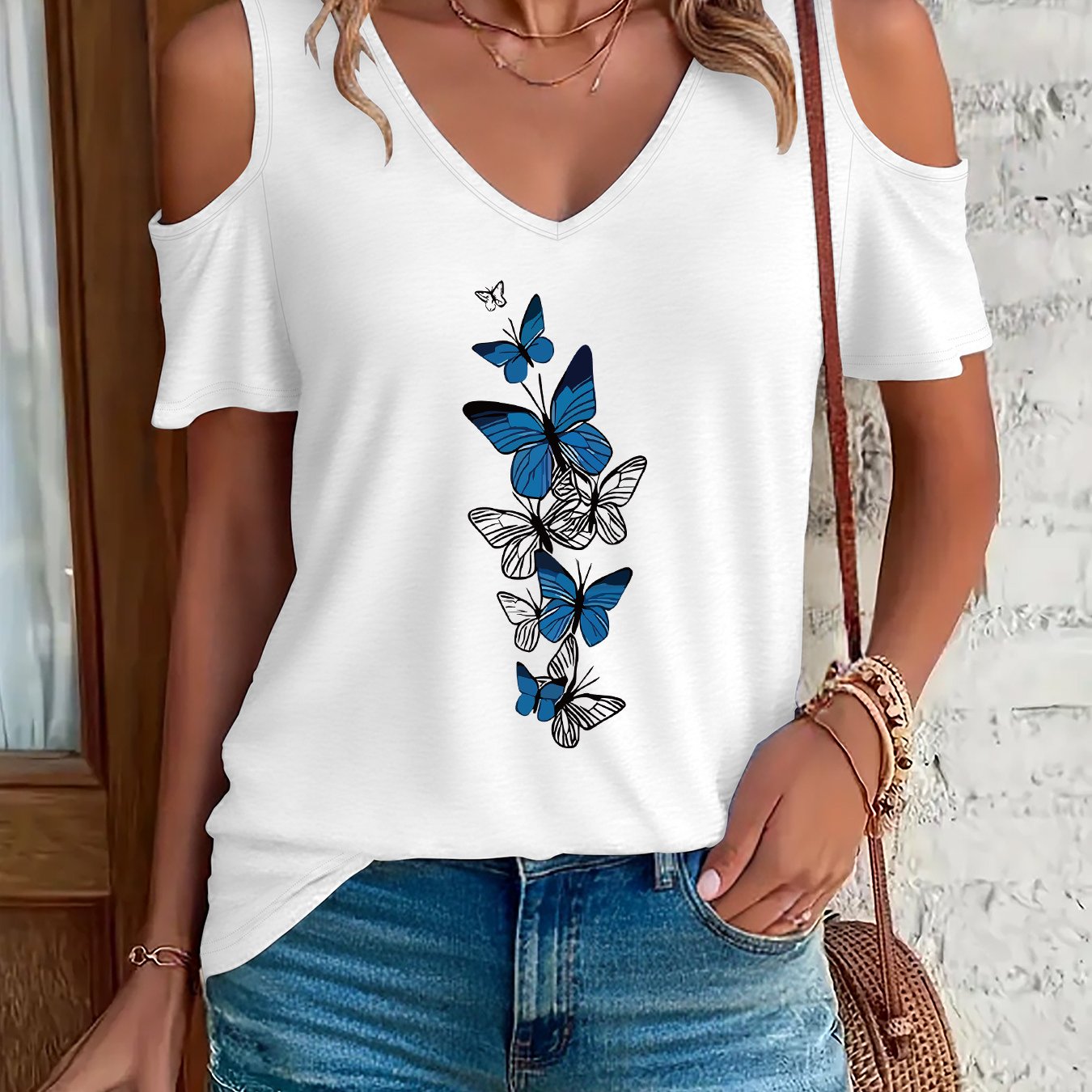 TEMU T-shirt à imprimé graphique, haut décontracté à manches courtes et col en V pour l'été et , vêtements pour femmes