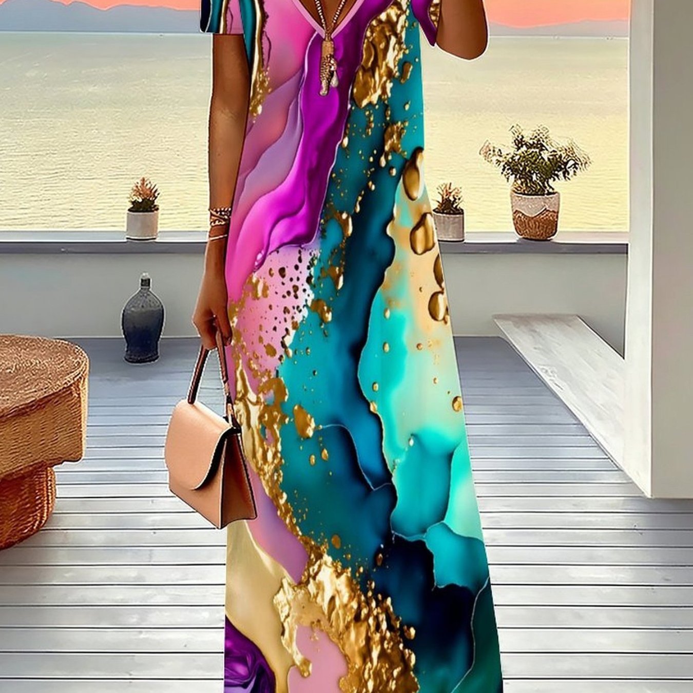 Image of Spring And Summer Women Are Comfortable, Fashionable, Elegant V-neck Short-sleeved Long Skirt Pattern Printed Design Suitable For Daily Life, Home, Leisure, Commuting, Shopping, Parties And Camping
