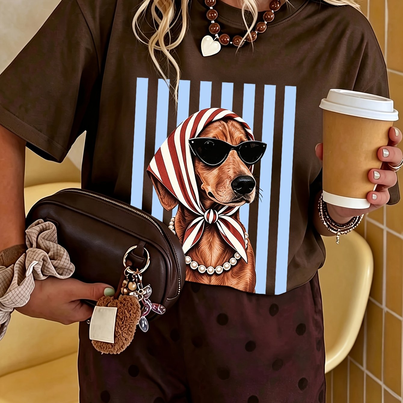 TEMU Women's Dachshund T-shirt - Cute Striped Dachshund Graphic Short Sleeve Top, Casual - Tee Suitable For Daily Wear, Machine Washable Stretch Fit