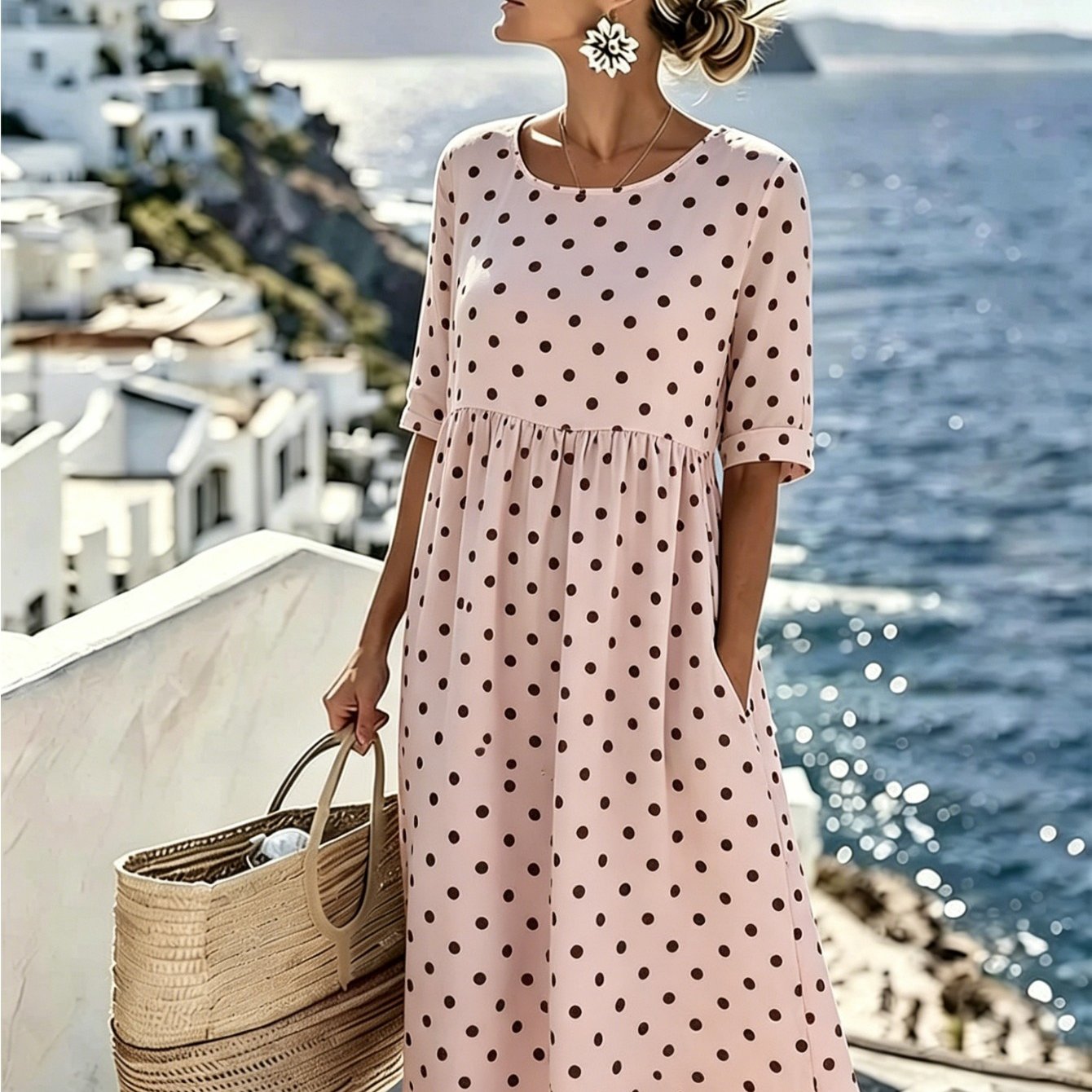 Image of Plus Size, Plus Size Polka Dot Print Dress For Women Casual 3/4 Sleeve Crew Neck Loose Midi Dress, Lightweight Flowy Beach Vacation Dress For Summer