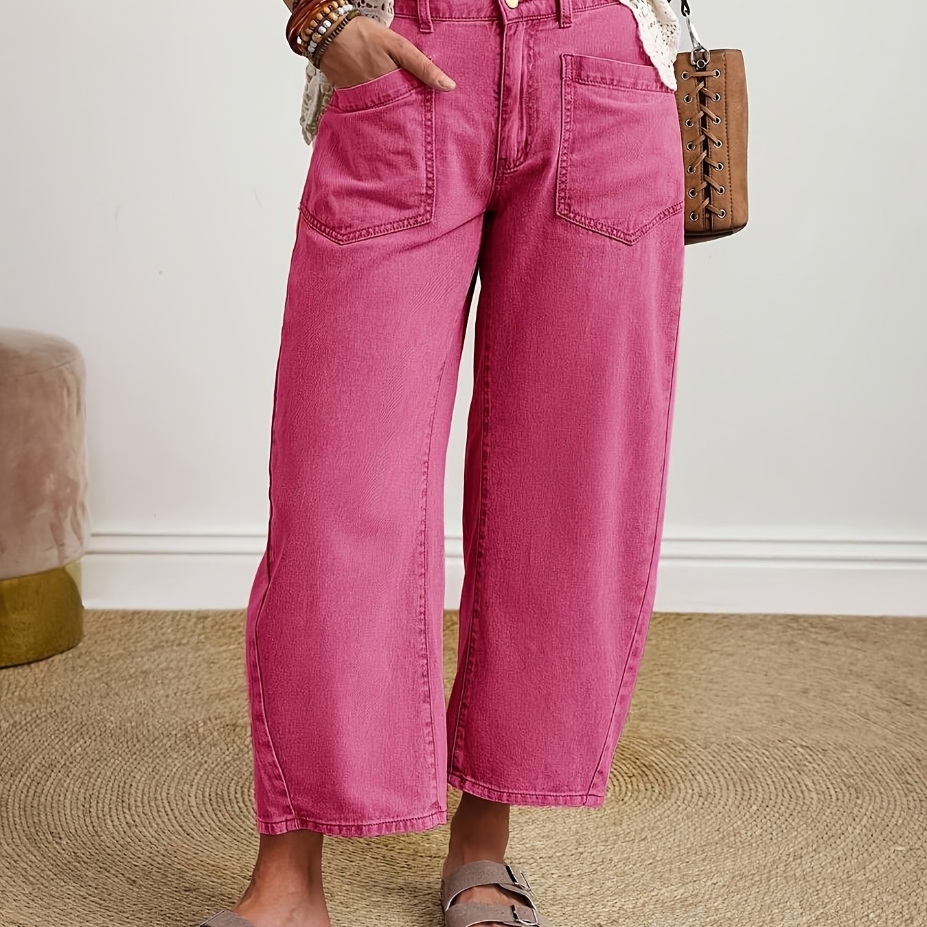 Women’s Casual Stretch Jeans With Large Pockets, Pink Snow Washed Denim Pants, Street Style Elastic Waist Trousers, Comfortable Everyday Long Pants For Travel, Shopping And Weekend Wear