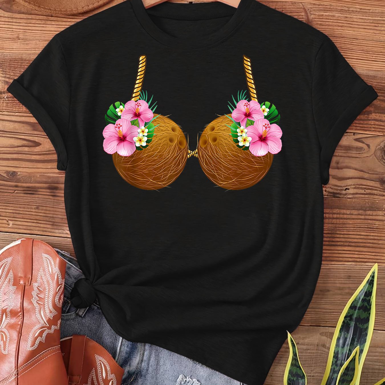 TEMU Coconut Bra Costume Luau Party Hawaii Print T-shirt, Short Sleeve Crew Neck Casual Top For Summer & Spring, Women's Clothing
