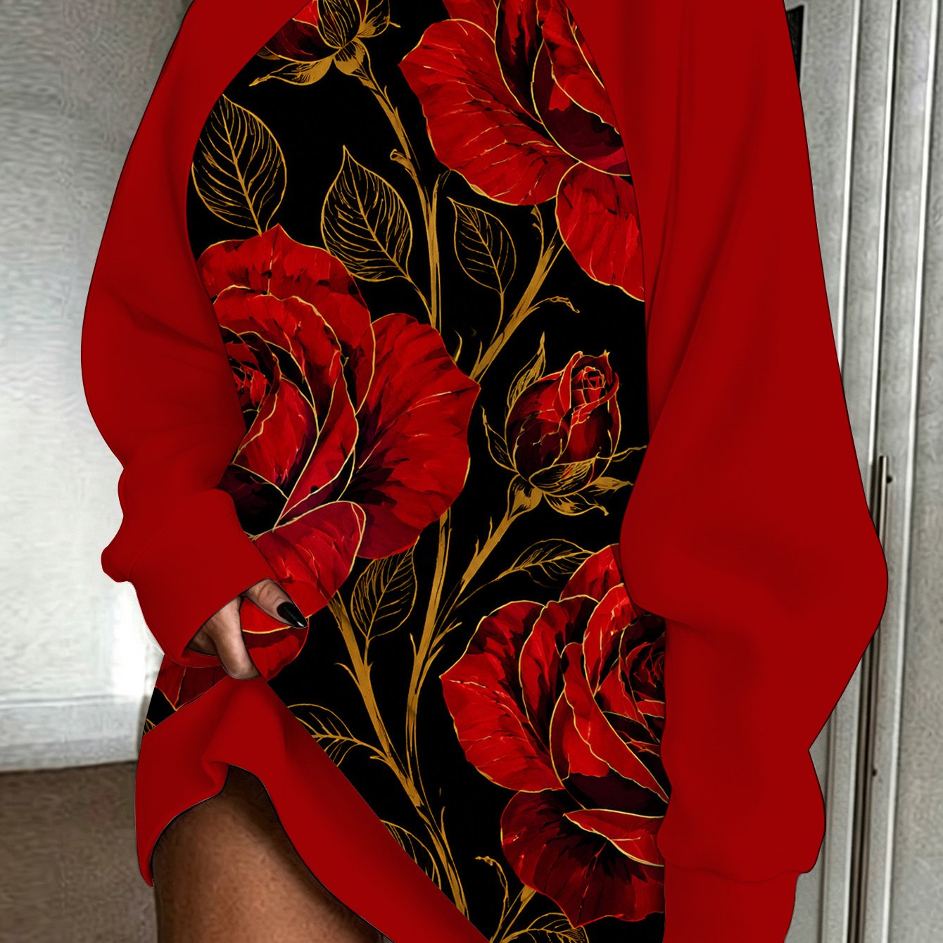 TEMU Elegant Red Golden Rose Women's Printed Sweatshirt - Medium Length Autumn Winter Regular Casual Wear For Travel, Party, Shopping, Vacation
