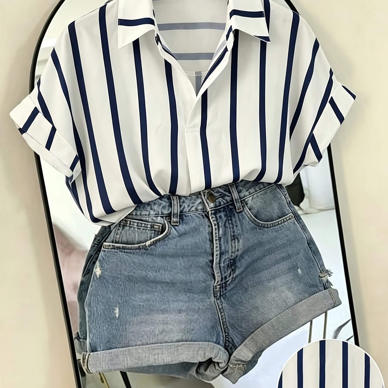 TEMU Women's Blue White Striped Short Sleeve Shirt, Loose Batwing Sleeve Collared Blouse, Casual Workwear Top