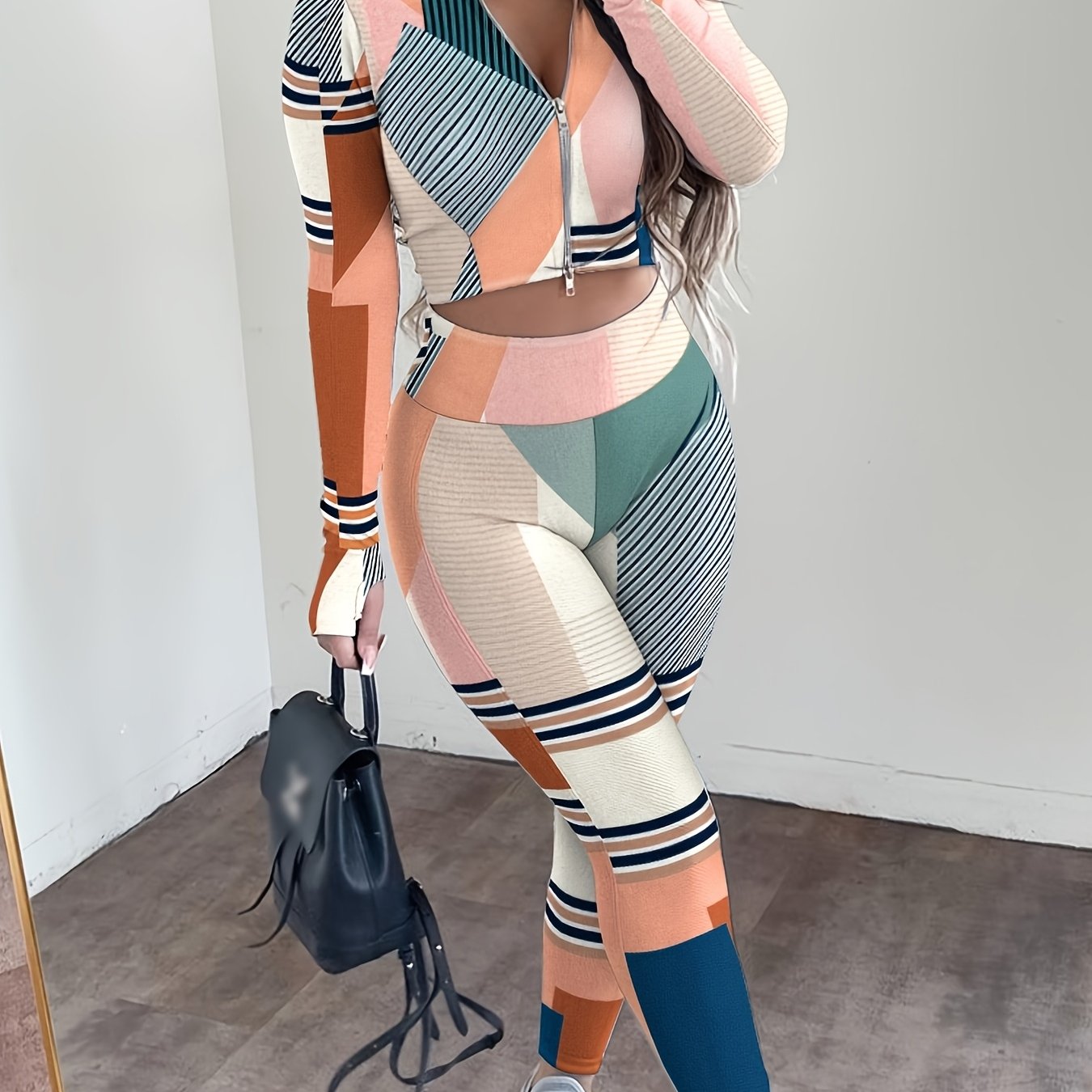 Chic European &amp; American Style Colorful Geometric Pattern Zip-Up Crop Top &amp; High-Waist Pants Set - Stretchy Polyester Blend, Machine Washable, Casual Stand Collar - Vibrant Knit Outfit for All Seasons