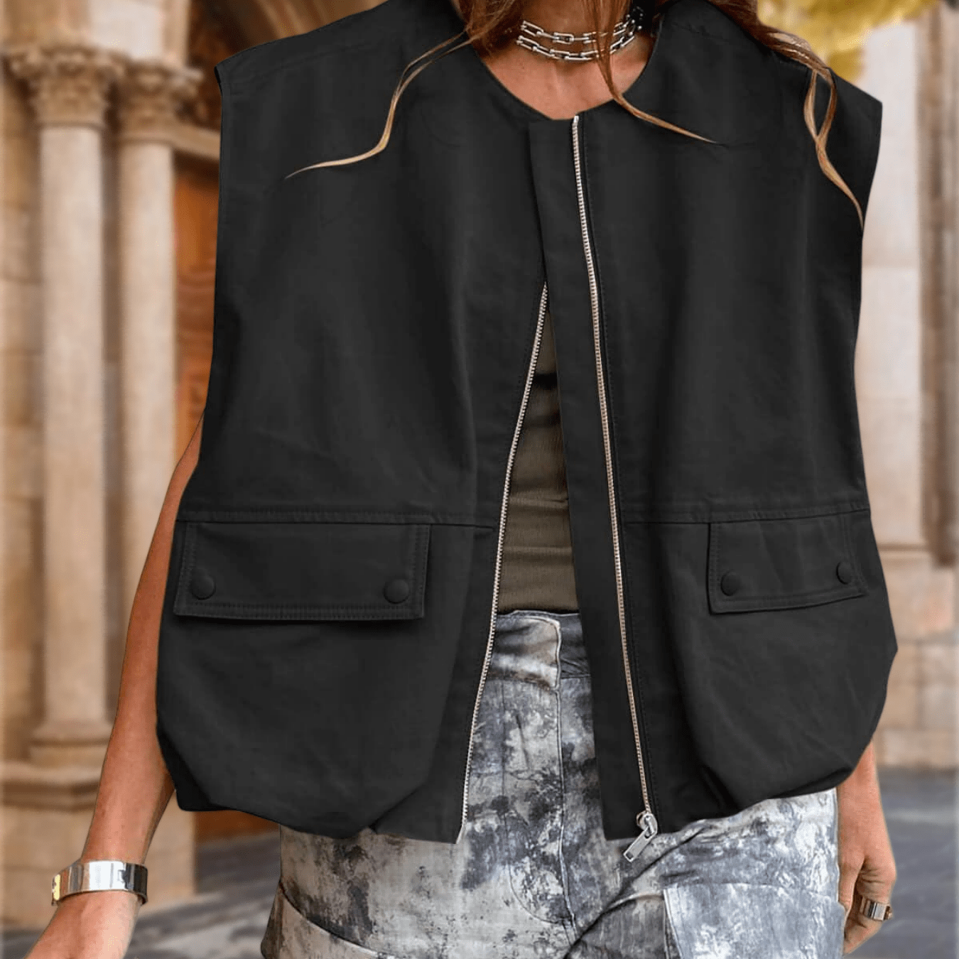 Casual Oversized Sleeveless Blazers With A Zip- For Women, Perfect For Spring And Summer