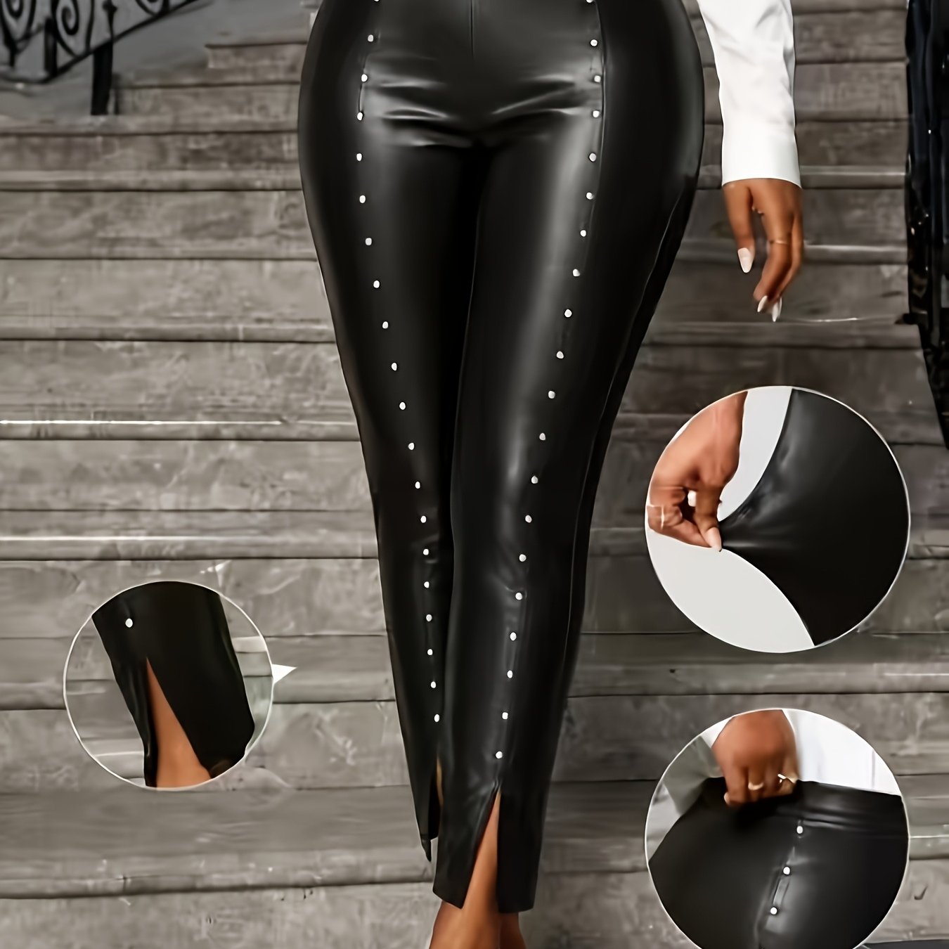 TEMU Plus Size - Fashion Long Pants | Pu, Medium Stretch, Solid Color, Pearl Details, Straight Leg Style For Weekend Casual