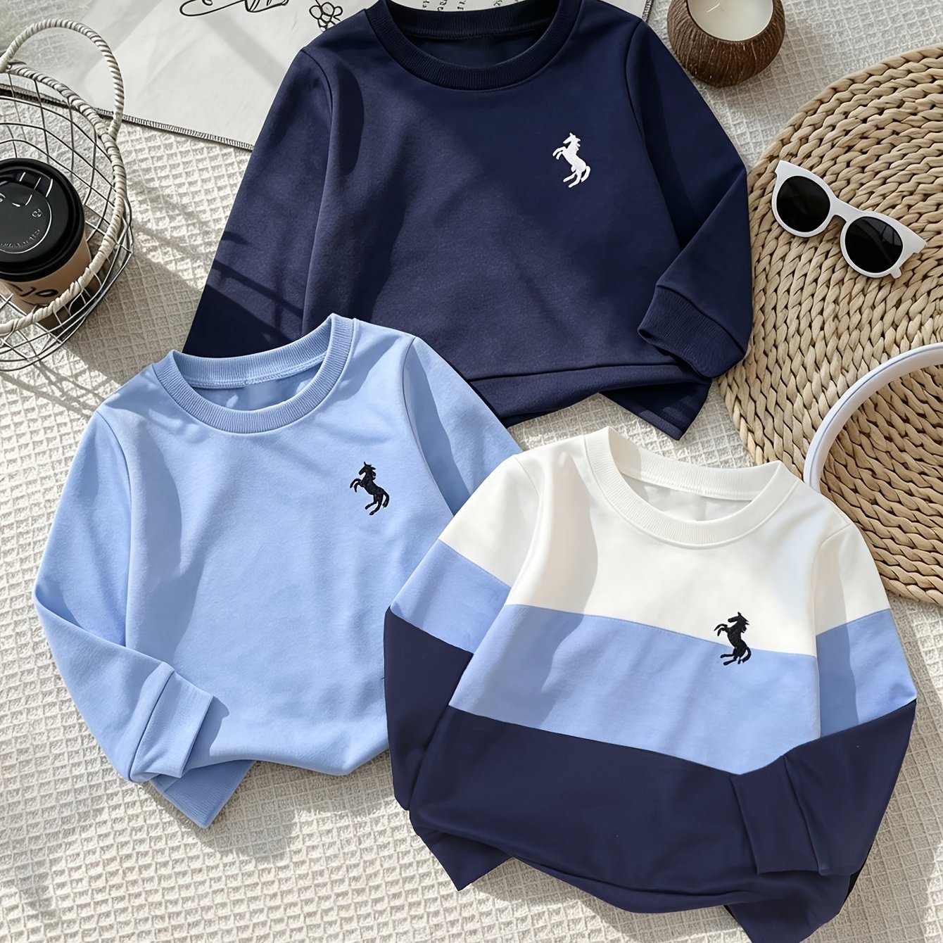 TEMU Boys Spring Autumn Color-block Ribbed Collar Embroidered Long Sleeve Sweatshirt 3pcs Set Outdoor Casual Knit Pullover