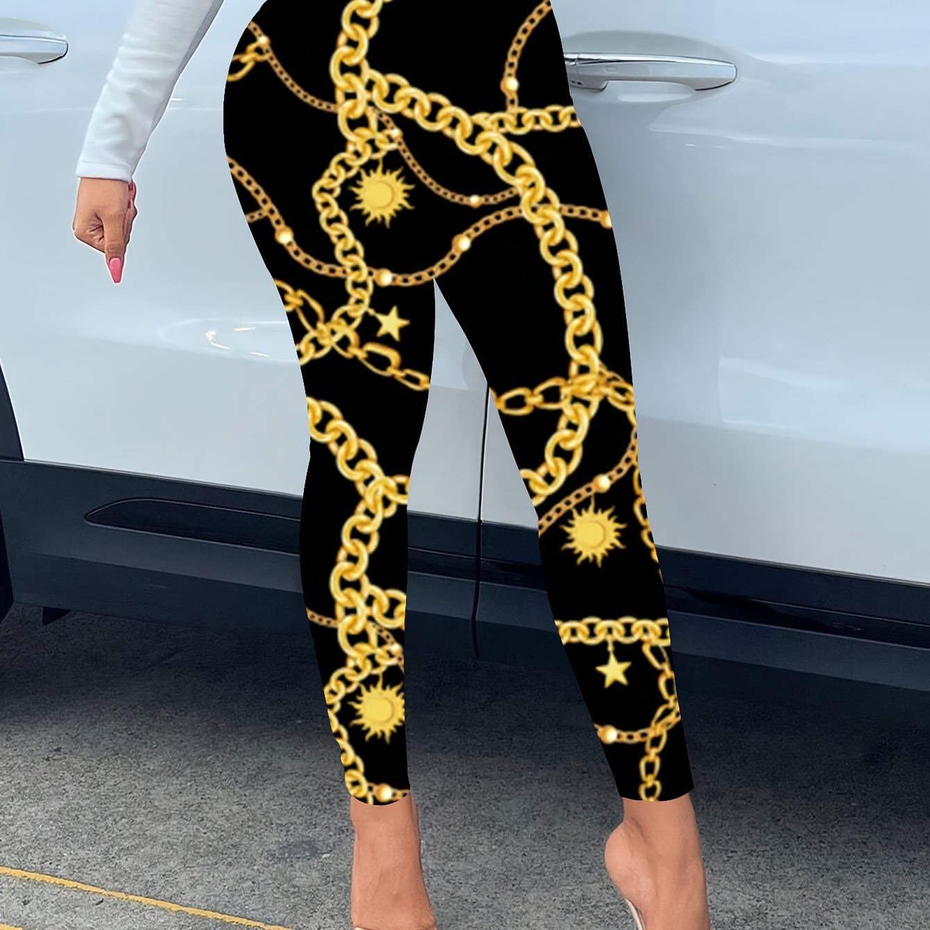 TEMU Women'-soft Chain Print Leggings - Stretchy, Comfortable & Casual With Geometric Pattern, Machine Washable