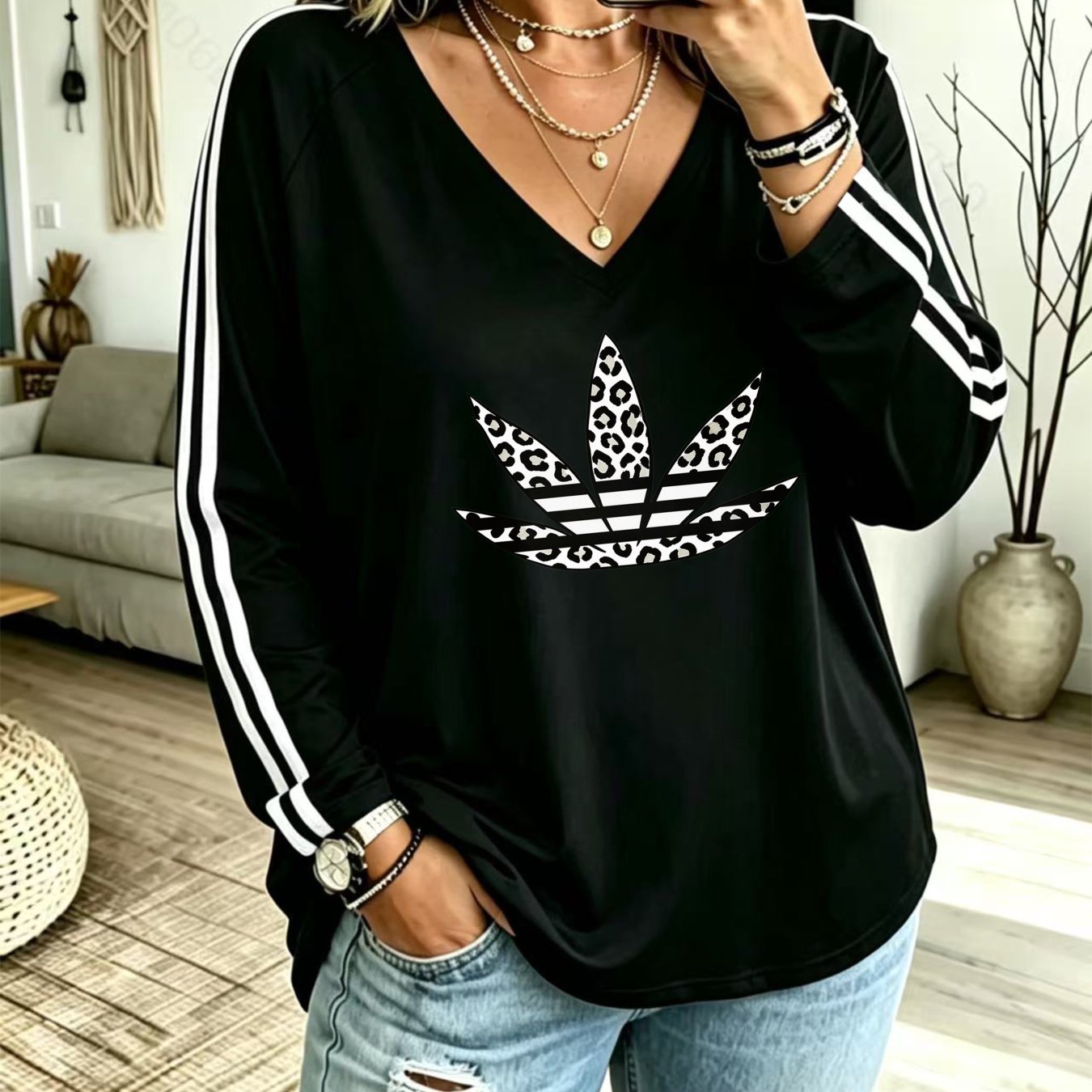 TEMU Plus Size Women V-neck 1xl-8xl Long Sleeve T-shirt Leopard Print Logo Casual Daily Wear