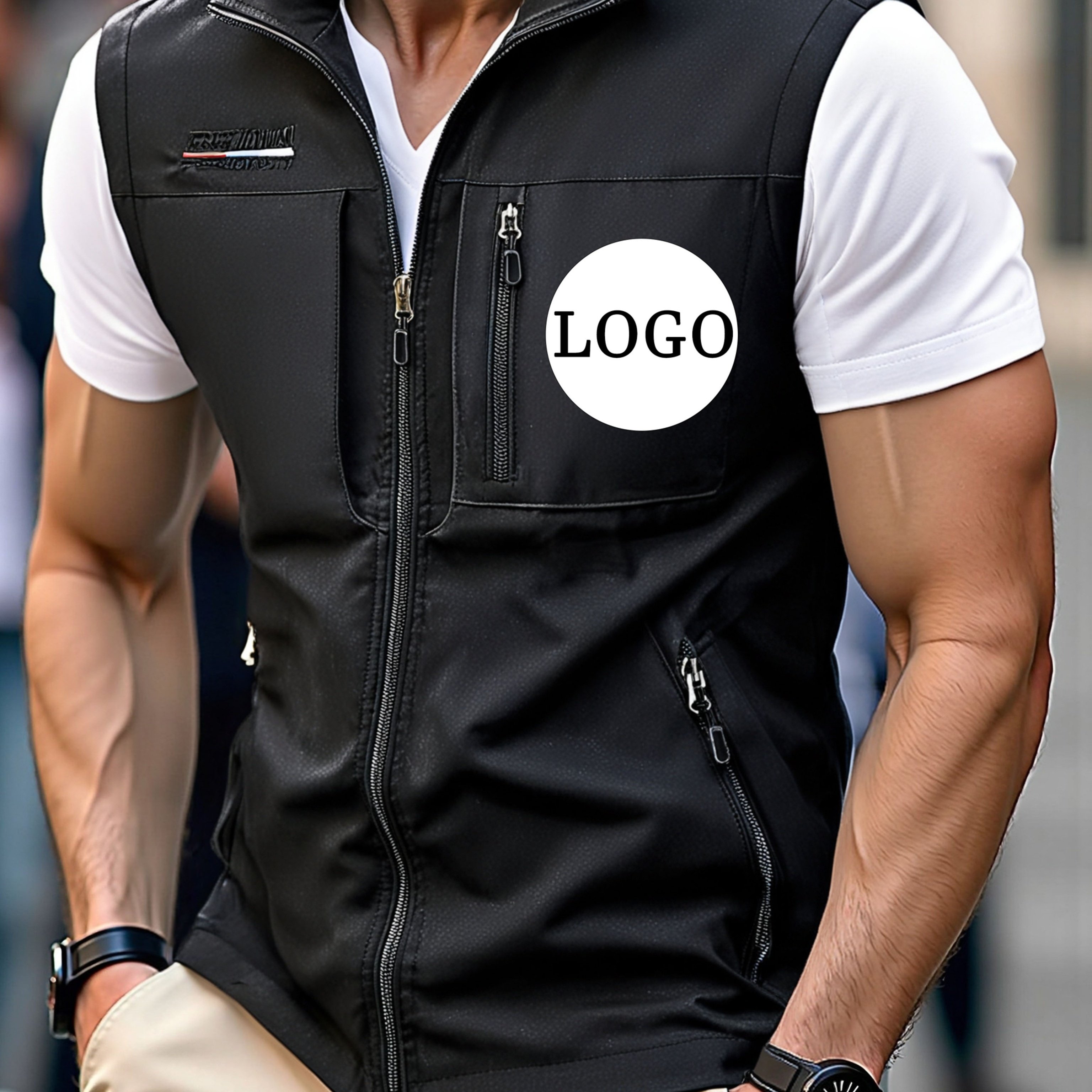 E-shop Herren-Weste mit individuellem Logo/Stickerei/lebhaftem Logo-Transferdruck – Personalisierter Name/Logo, ärmellose Jacke mit Stehkragen,