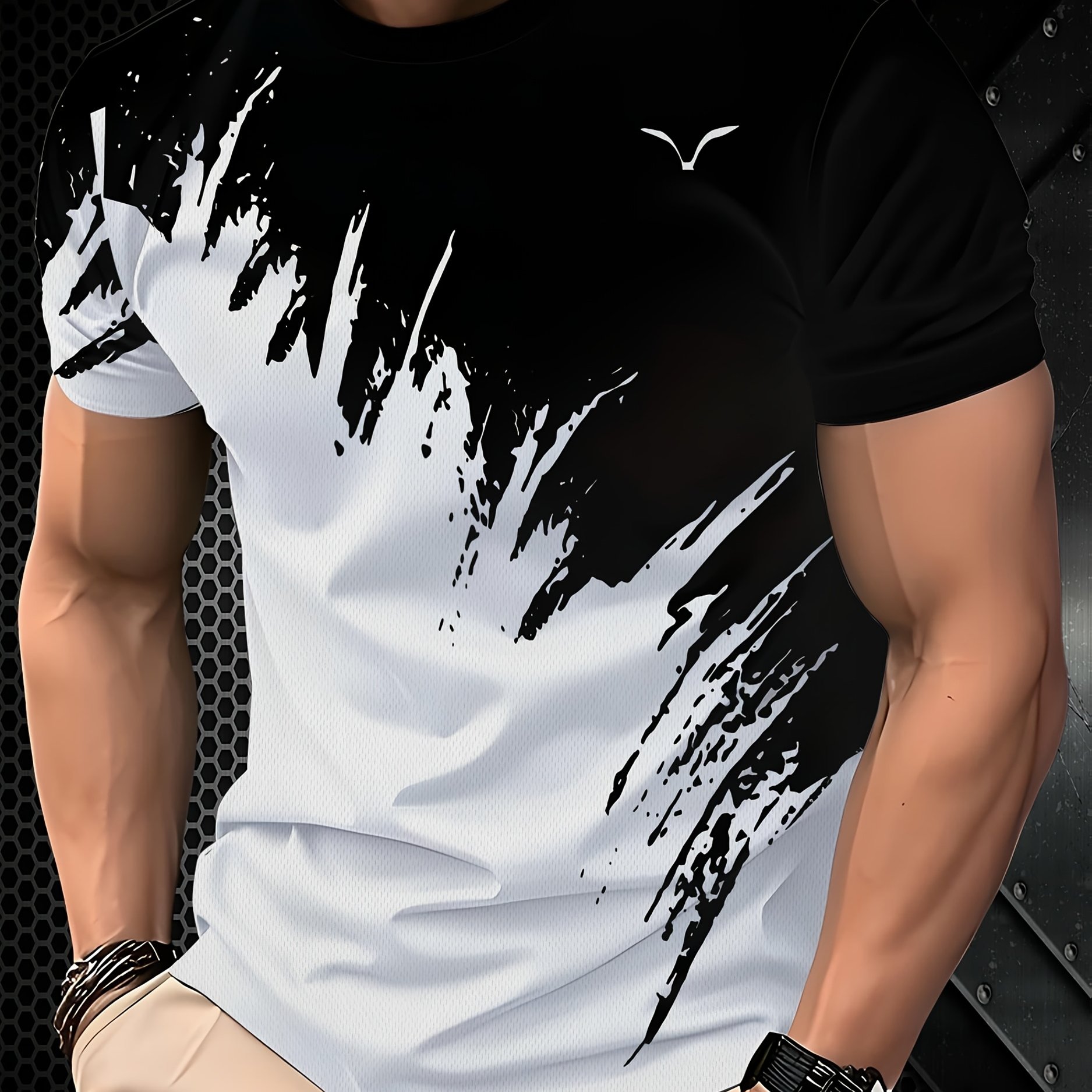 E-shop Herren 3D Möwen-Druck Kurzarm T-Shirt – Nautisches Möwen- & Color-Blocking Design, Rundhals Casual Sommer Strandmode, Maschinenwaschbares Shirt