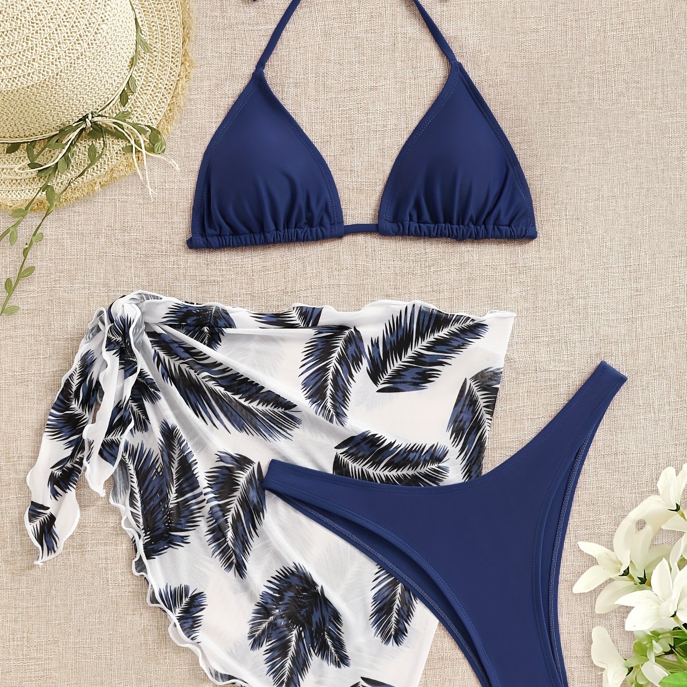 TEMU Women's Halter Neck Bikini Set With Leaf Print Wrap Skirt, Polyamide And Elastane , High Stretch Fabric, Lace-up Detail, Sleeveless Two-piece Swimsuit With Matching Sarong