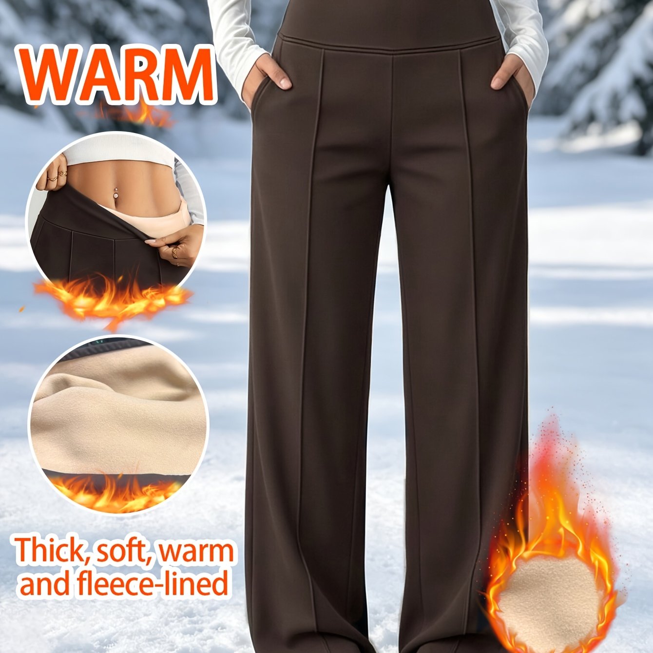 TEMU [winter Fleece-lined Thickened] Women's Fleece-lined Thickened Warm Casual Straight Leg Pants (2-pocket), Drape Elastic High-waist Wide-leg