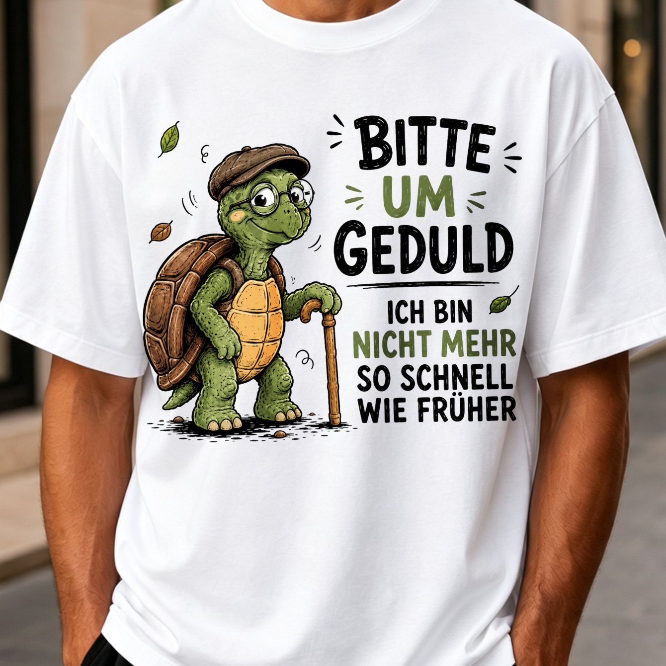 Image of Please German Text Elderly Cartoon Turtle Walking With A Cane And Leaves T-shirt Unisex T-shirt