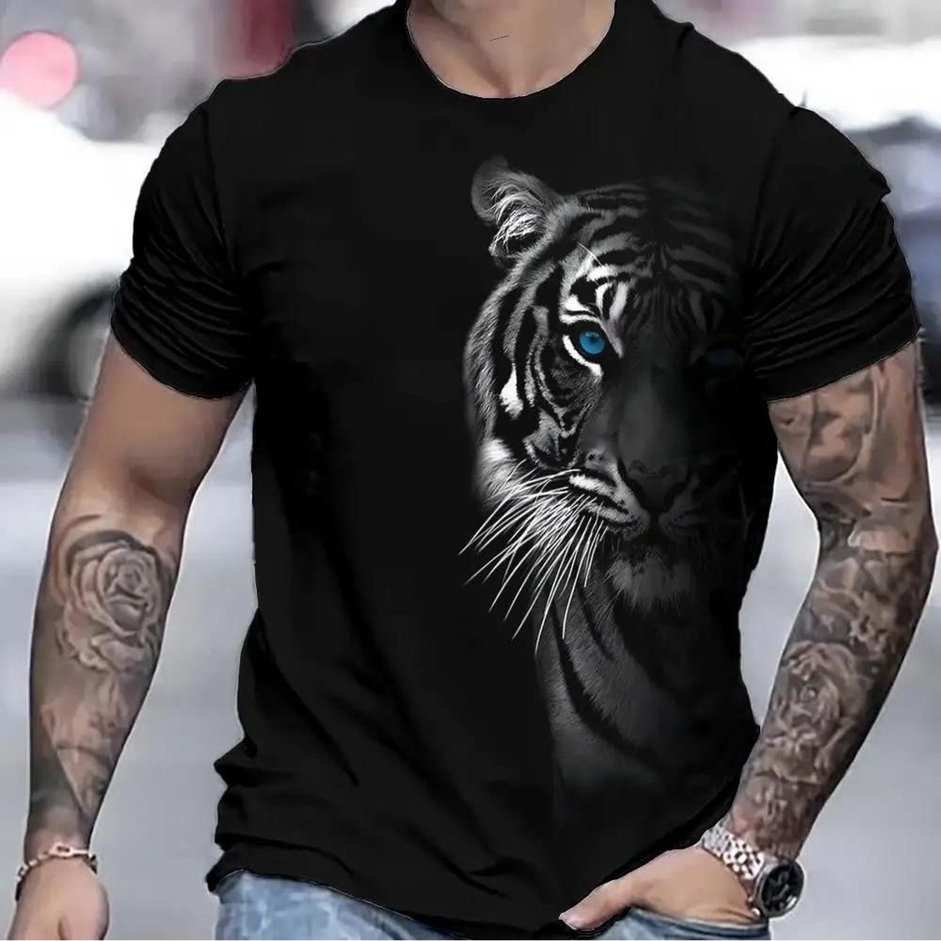 TEMU Black And White Half-body Tiger Print Short Sleeve Men's T-shirt, Easy And Overbearing Plus Size T-shirt, Round Neck Casual Fit, Comfortable And