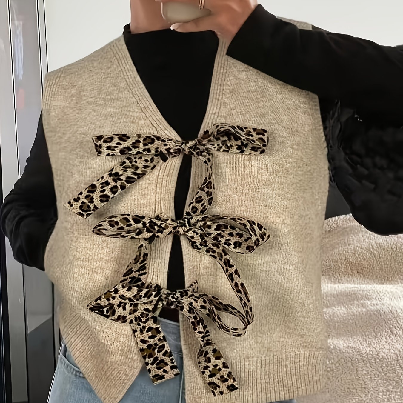 TEMU QD260802132 Gilet Femme Imprimé Léopard avec Nœud et Col en V, Cardigan Manches , Haut d'Extérieur Polyvalent