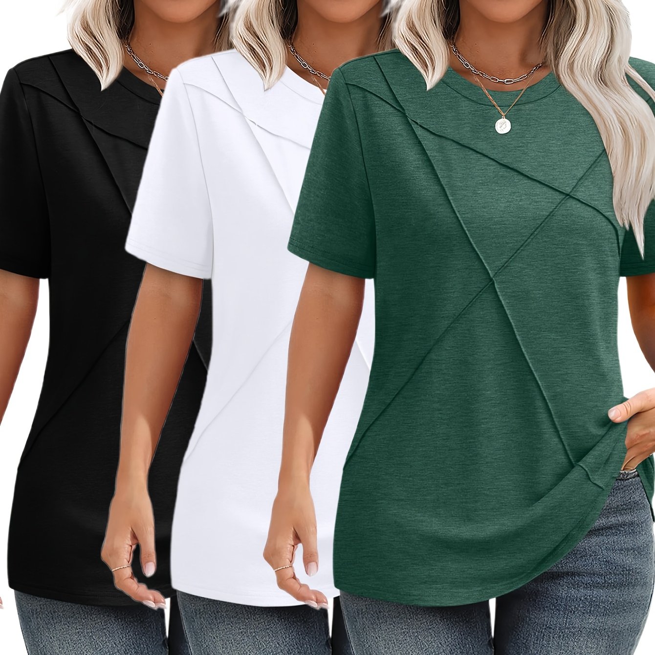 TEMU 3pcs Set Women's Elegant Fashion Neck Pleated Casual Shirt Loose Basic Short Sleeve T-shirt